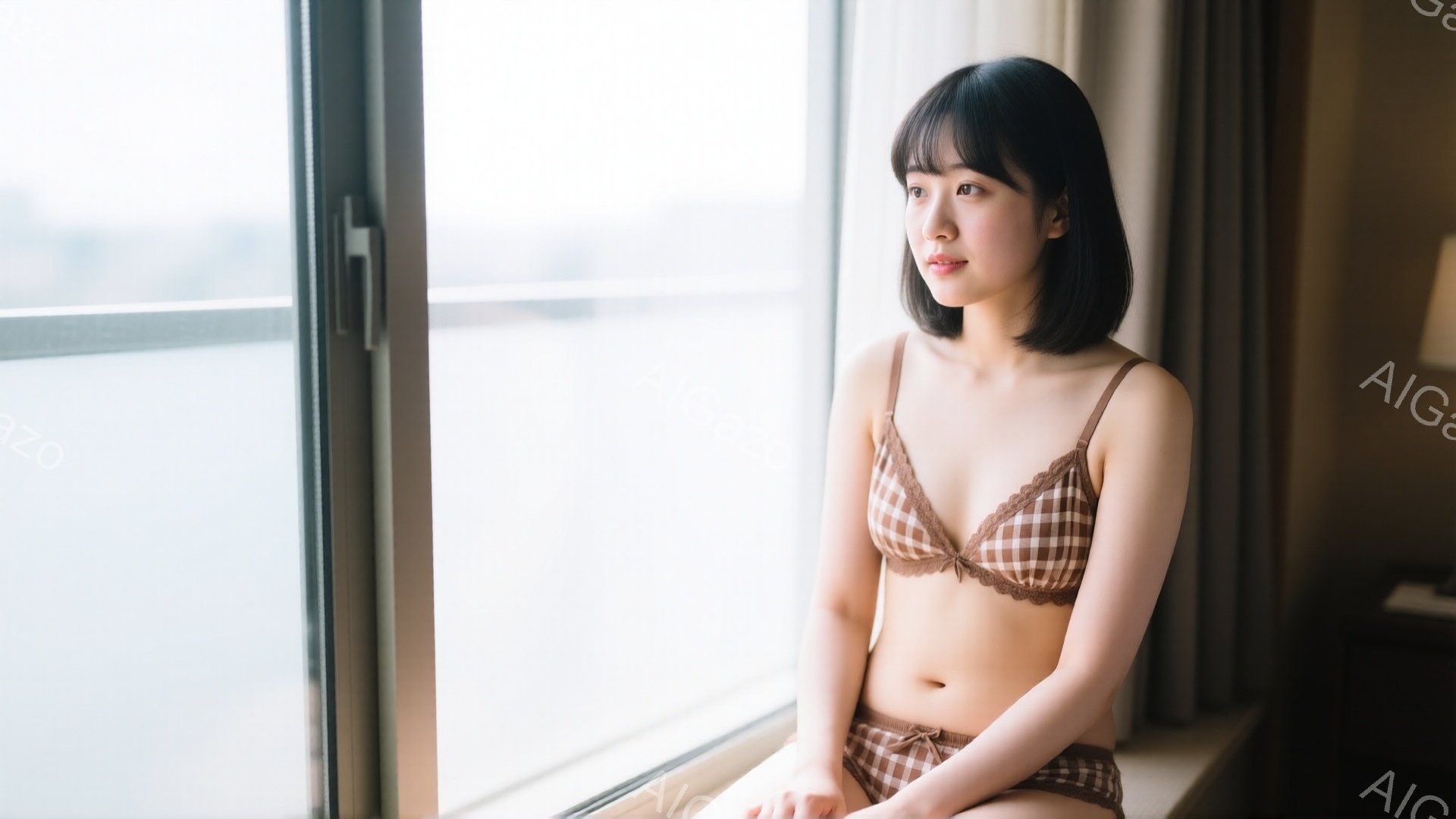 浅い茶色のギンガムチェックのブラとショーツを身につけた若い女性が、大きな窓辺に座って外を見つめている。彼女はダークブラウンのボブヘアで、少し物憂げな表情を浮かべている。背景にはぼやけた都市の風景が広がり、光の差し込み具合から晴れた日であることがわかる。