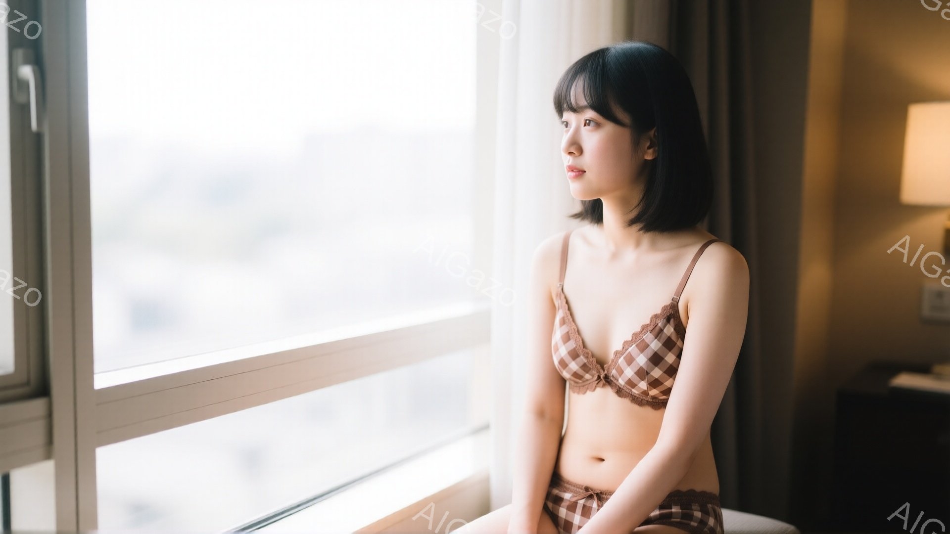 短い髪の女性が窓辺に座り、チェック柄のブラとショーツ姿で物憂げな表情を向けている。背景にはぼやけた都市の景色が見え、室内は明るく穏やかな雰囲気である。彼女の姿勢はリラックスしているが、どこか寂しげな雰 - AI生成フリー素材