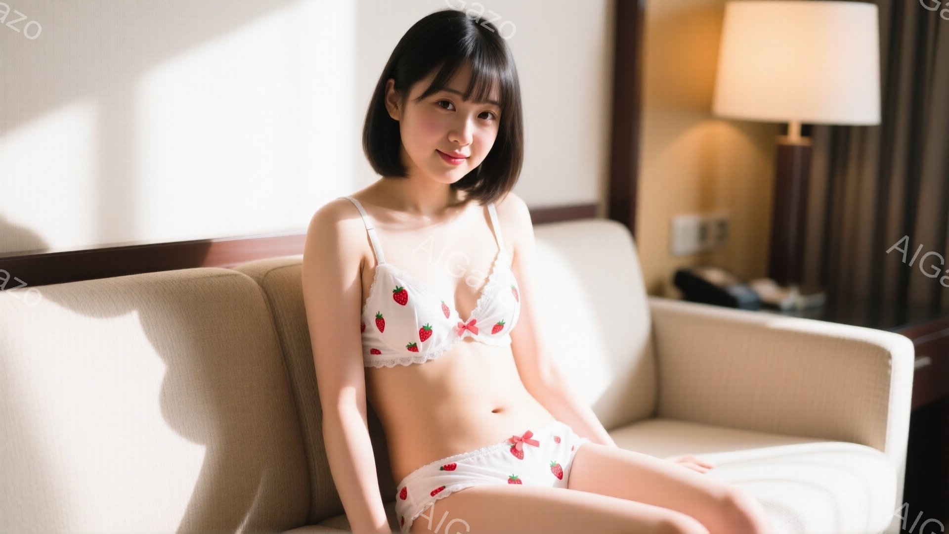画像には、イチゴ柄のランジェリーを着た若い女性がクリーム色のソファに座っています。彼女は黒髪のボブヘアで、わずかに微笑んでカメラを見つめており、リラックスした雰囲気です。背景には、テーブルとランプのある室内が写っており、柔らかい光が差し込んでいます。
