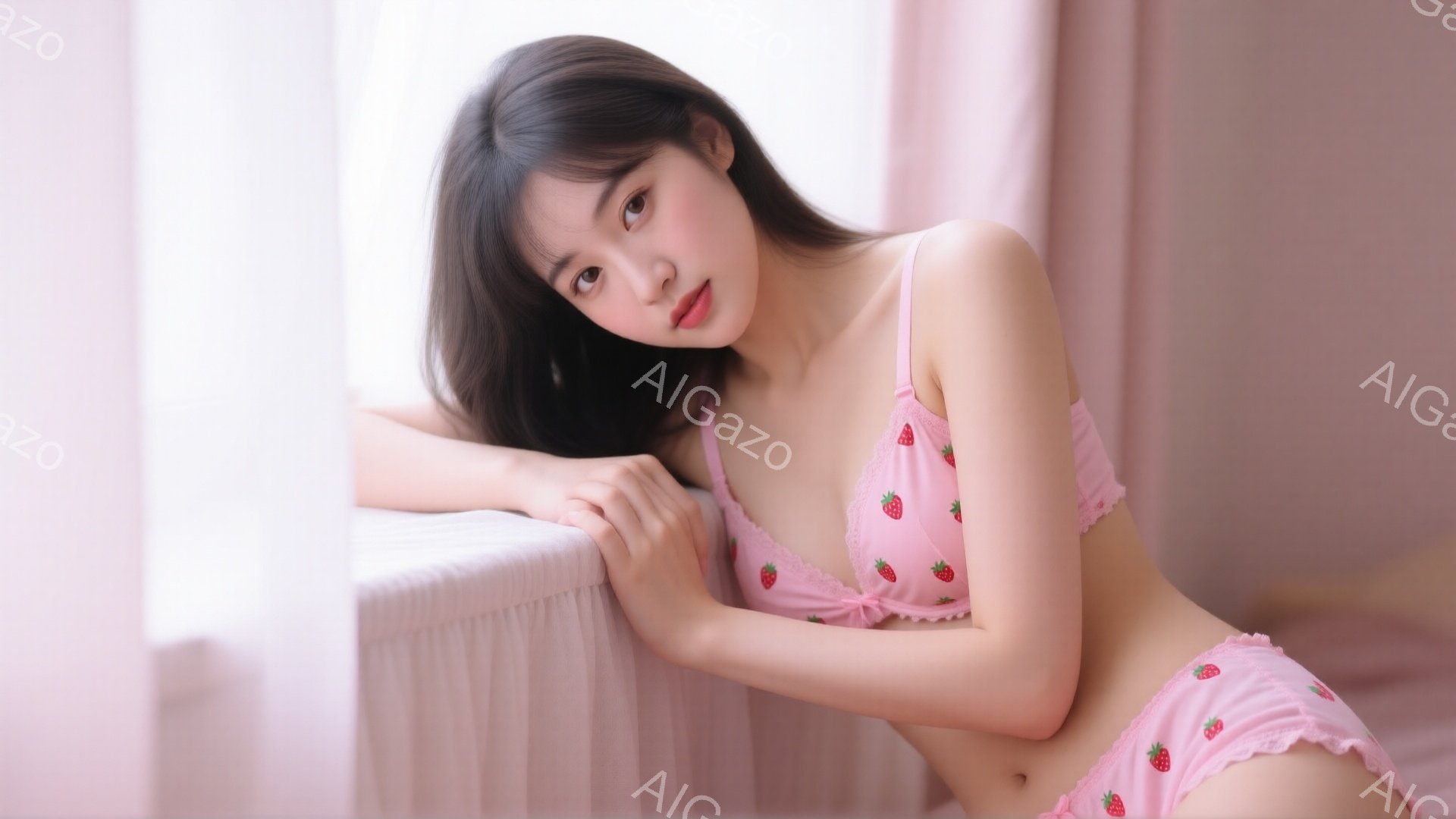 明るいピンク色の背景を背景に、イチゴ柄のブラとショーツを身につけた若い女性が横たわっています。彼女は長い黒髪で、少し微笑みを浮かべてカメラを見つめており、片腕で身体を支えながら、リラックスしたポーズを - AI生成フリー素材