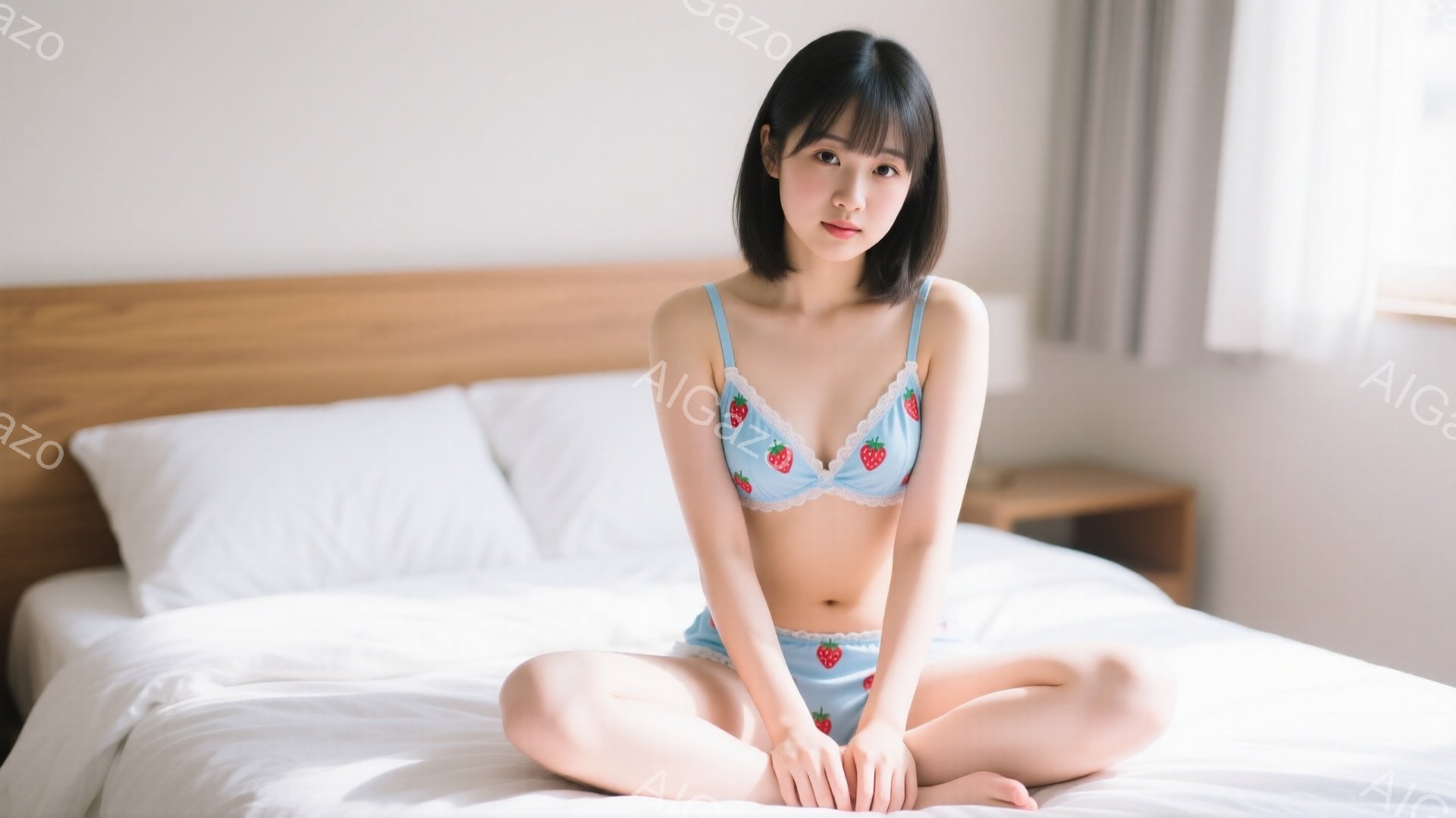明るい部屋のベッドに座る若い女性が写っています。彼女はイチゴ柄のブルーのランジェリーセットを着用し、長い黒髪は肩にかかっています。穏やかな表情で、足を組み、リラックスした雰囲気です。