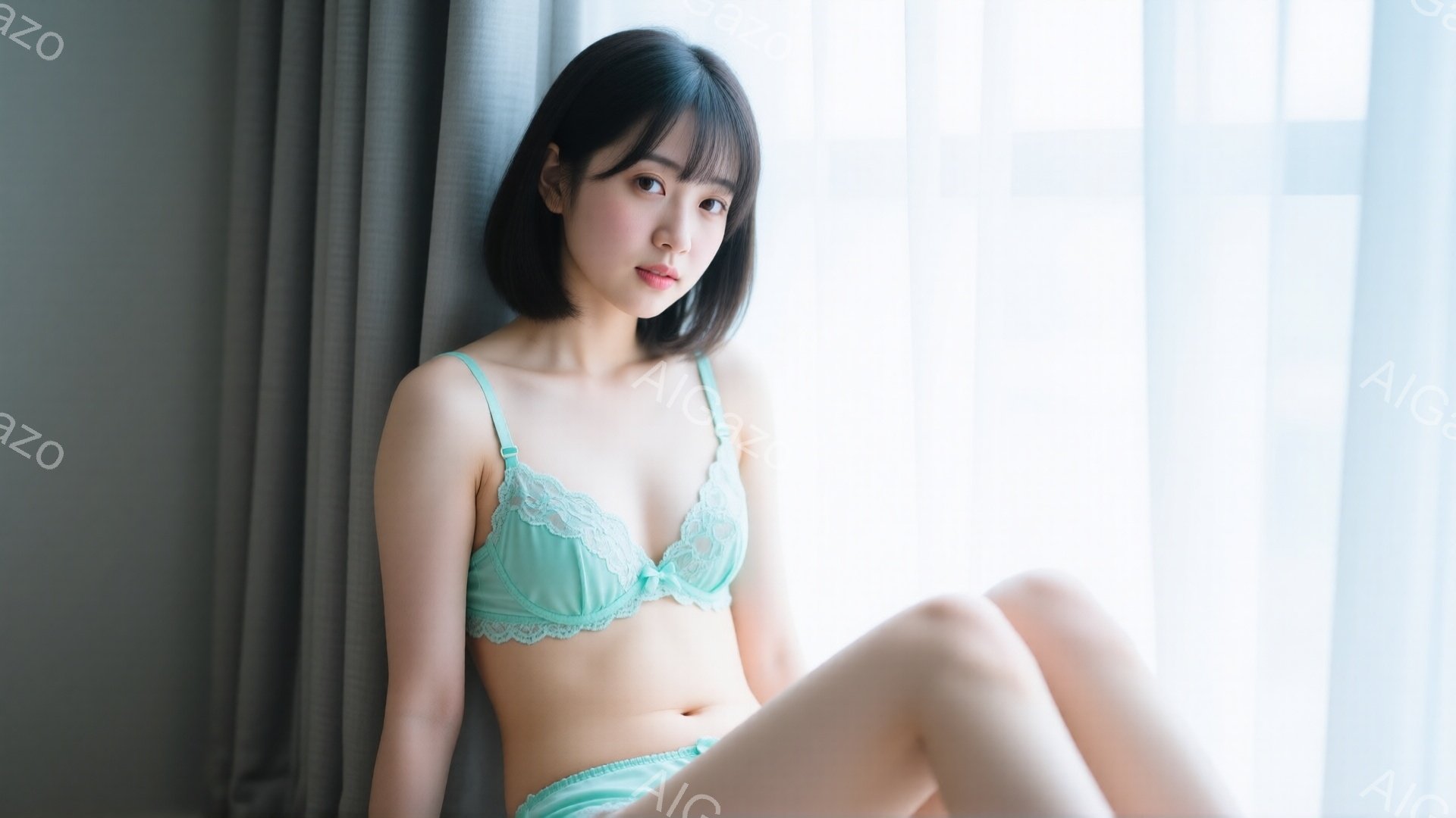 明るい室内で、淡い水色のランジェリー姿の若い女性が座っています。黒髪のボブヘアで、少し微笑んだ表情をしています。背景にはぼやけた窓とカーテンが見え、全体的に柔らかく優しい雰囲気です。 - AI生成フリー素材