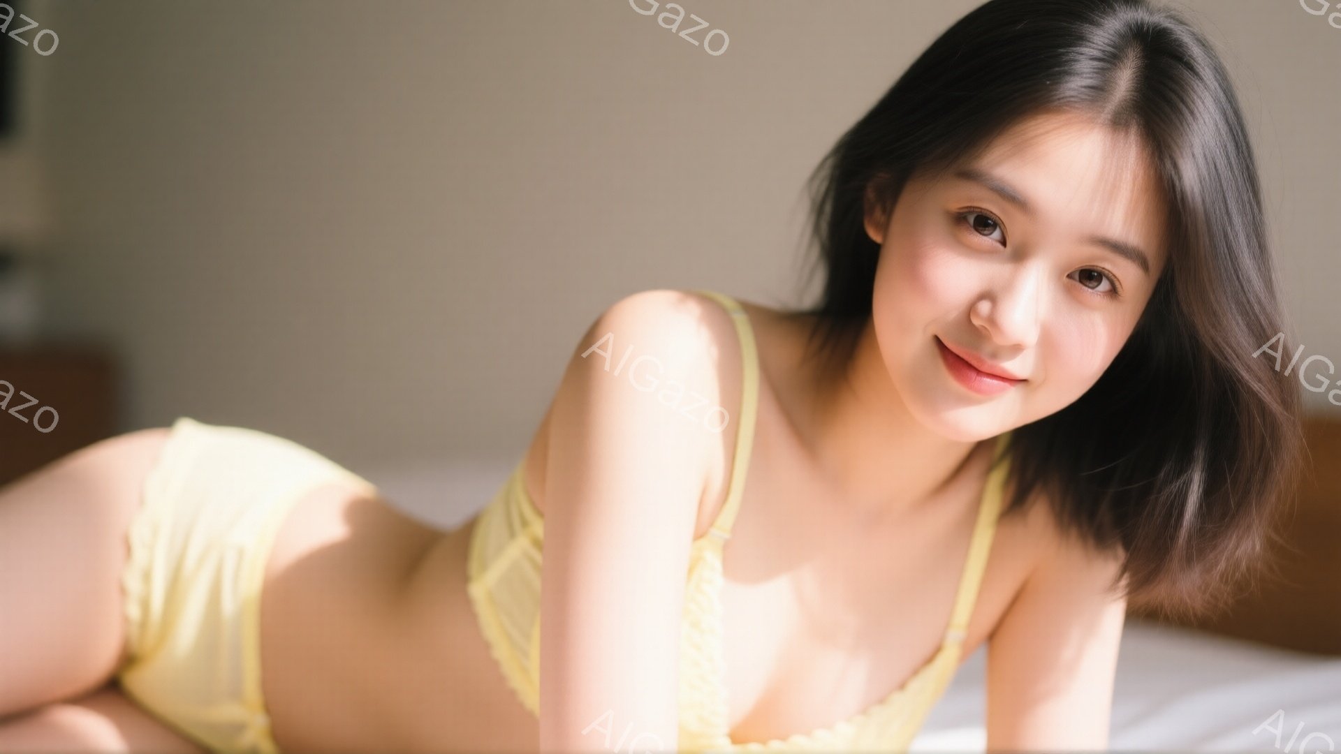 明るい背景の中で、若い女性がレモン色のランジェリーを着て、ベッドの上に横たわっています。彼女は短い黒髪で、微笑みを浮かべてカメラを見つめており、リラックスした雰囲気が漂っています。部屋はシンプルで、柔らかな光が差し込み、穏やかな印象を与えます。