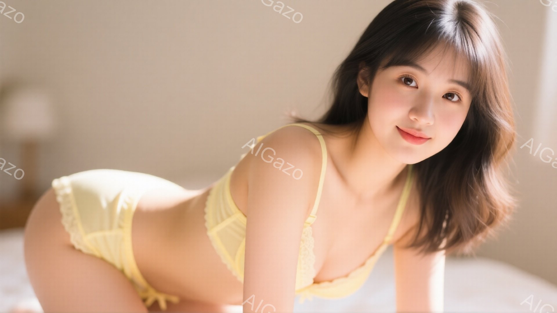 明るい黄色のランジェリーを身に着けた若い女性が、ベッドの上に横たわっています。彼女は茶色の短い髪で、微笑みを浮かべてカメラを見つめています。背景は明るい色調で、部屋の雰囲気は柔らかく、リラックスしてい - AI生成フリー素材