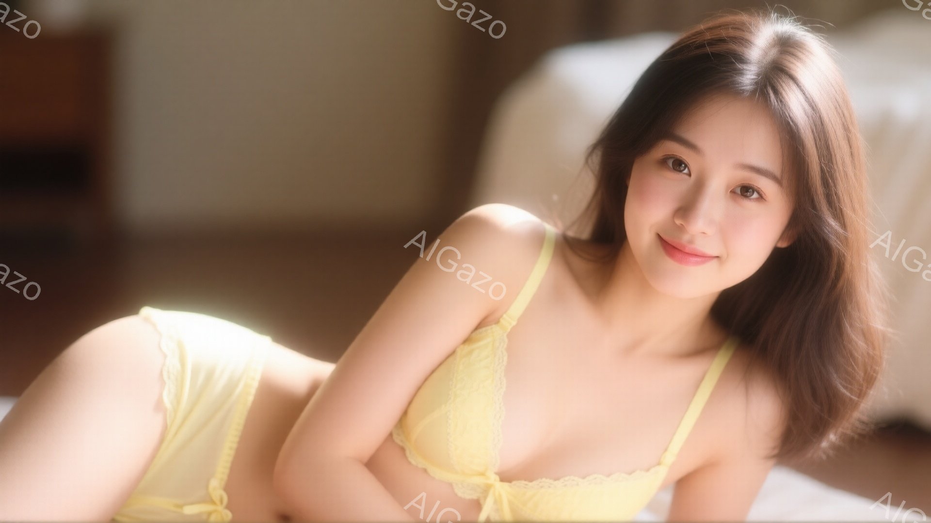 明るい黄色のレースのブラとショーツを身につけた若い女性が、白いシーツの上に横たわっています。彼女は微笑んでおり、長い茶色の髪は肩に沿ってカールしています。背景はぼやけており、部屋の一部が見えますが、全 - AI生成フリー素材