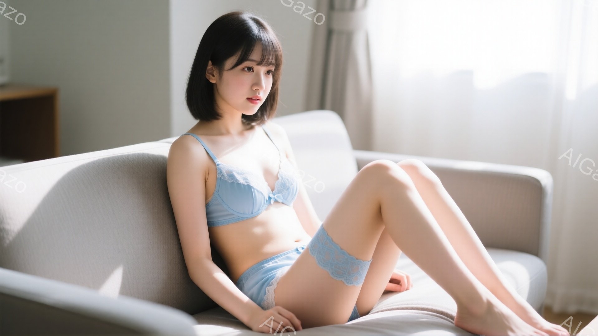 明るい室内で、女性がソファーに座ってポーズをとっています。青いレースのブラジャーとパンティーを身に着け、滑らかな肌と長い脚が見られます。背景はシンプルで、日差しが差し込み、穏やかでリラックスした雰囲気 - AI生成フリー素材