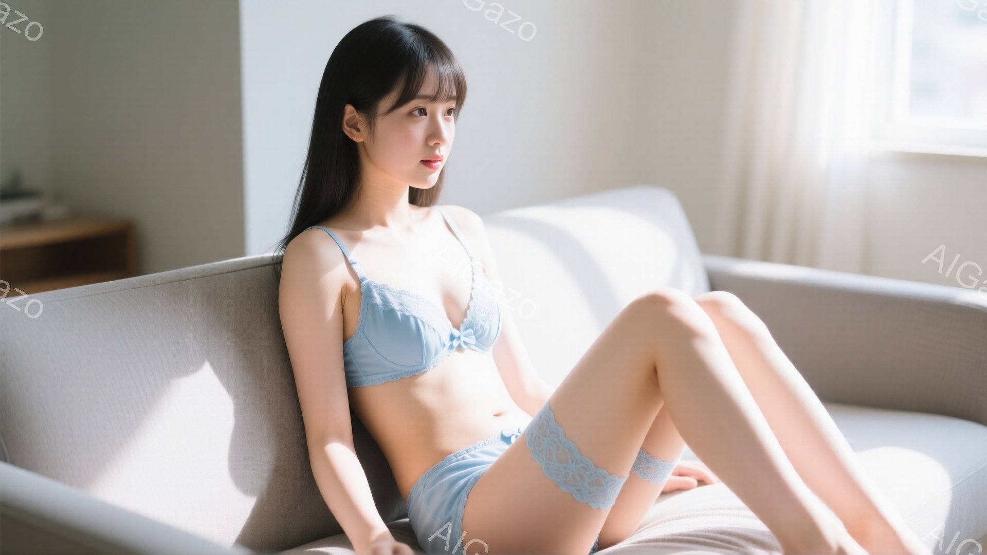 浅いブルーのレースが縁取られたブラとショーツを身に着けた女性が、明るいベージュ色のソファに座っています。彼女は黒髪で、髪は肩にかかる長さで、穏やかな表情で少し横を向いています。背景はシンプルなリビング - AI生成フリー素材