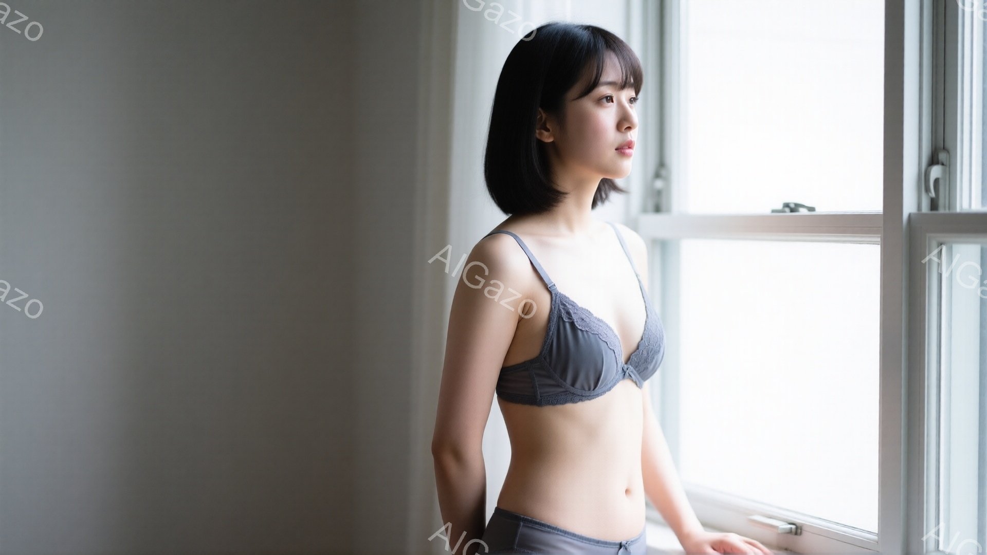 浅いグレーのレースのブラレットと下着を身に着けた女性が、窓際に立って外を眺めている。彼女は黒いショートボブヘアで、穏やかな表情をしている。背景は白く、窓枠が窓の明るさを際立たせており、全体的に穏やかで - AI生成フリー素材