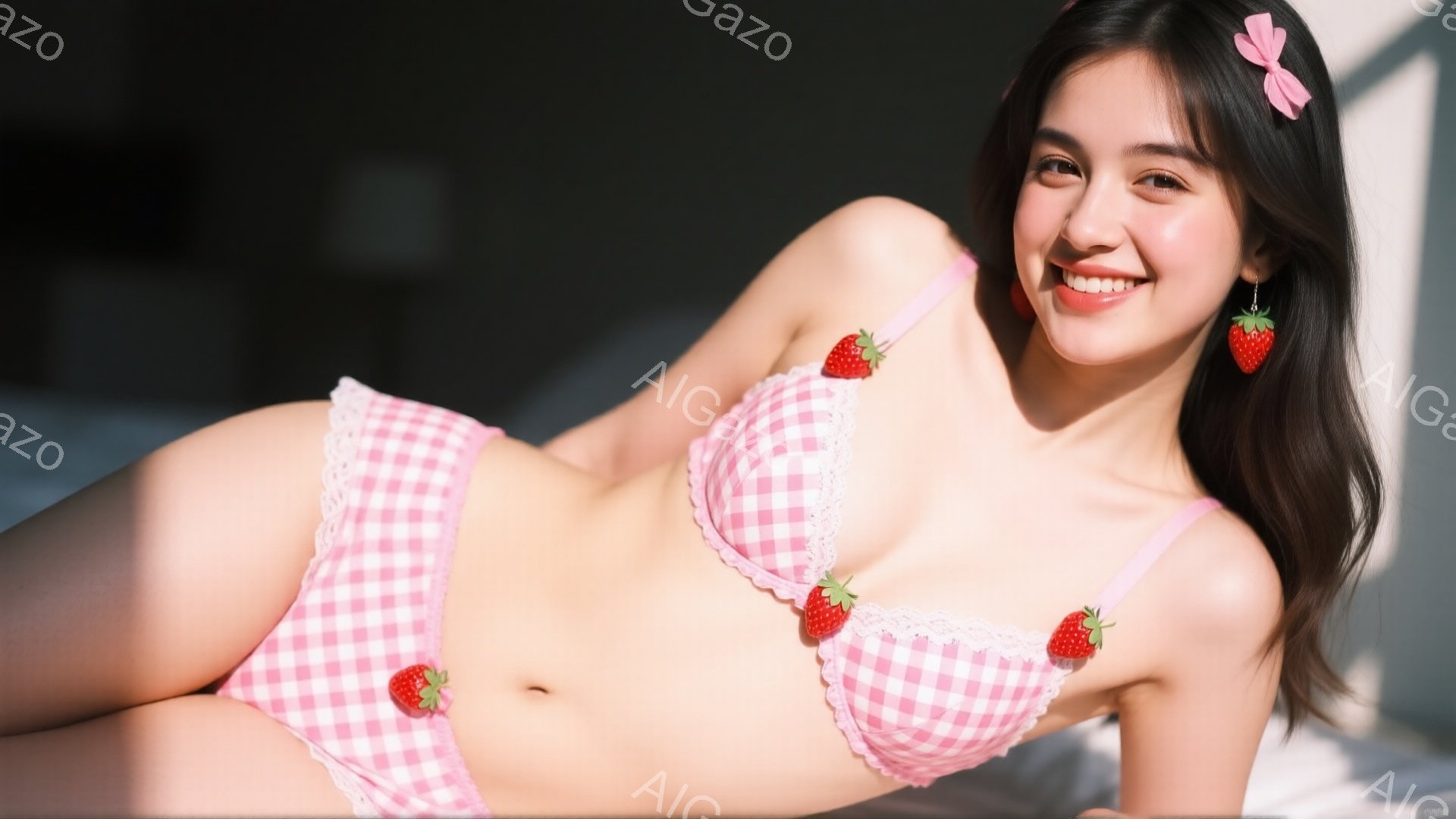 彼女はピンクと白のギンガムチェックのブラとショーツのセットを着用し、明るい笑顔を見せて横たわっています。長い黒髪は肩にかかり、前髪はきれいに整えられ、耳にはいちごの形のピアス、髪飾りとしてリボンをつけています。柔らかい光が差し込む室内で、彼女はリラックスした雰囲気でポーズをとっています。