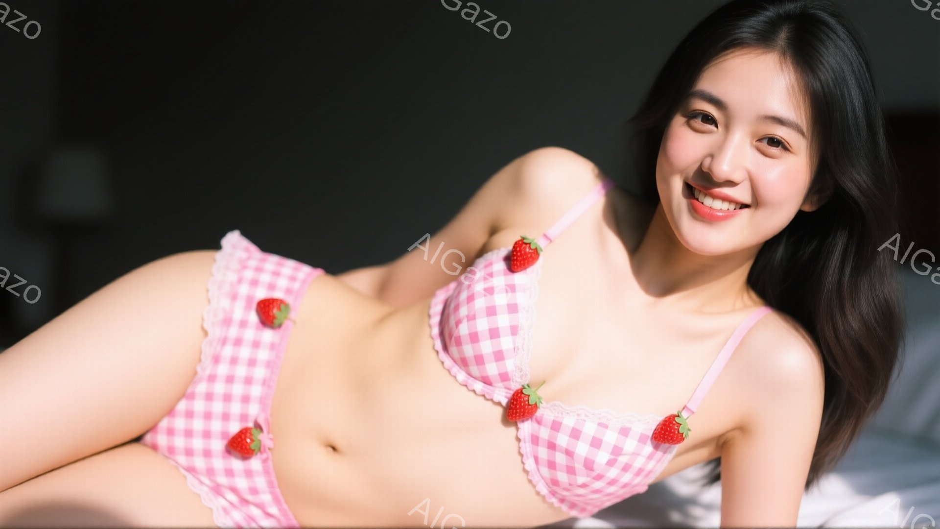 長い黒髪の女性が、ピンクと白のギンガムチェックのブラとショーツを身に着けて横たわっています。彼女は微笑んでおり、明るい雰囲気で、可愛らしいイチゴのモチーフが下着に付いています。背景はぼやけていますが、おそらく室内で白いベッドの上と思われます。