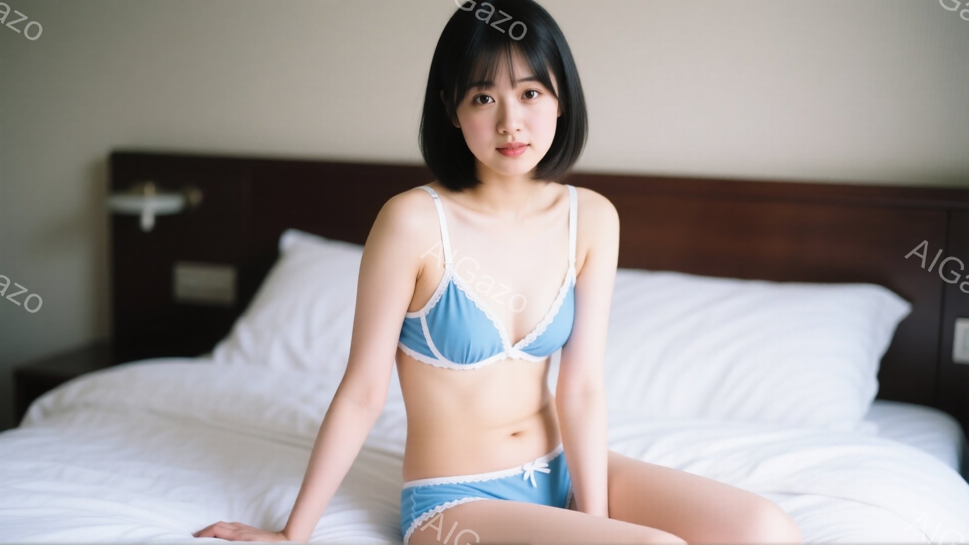 茶髪のボブヘアの女性が、水色のランジェリーセットを身に着けてベッドに座っています。彼女は少し微笑んでおり、リラックスした表情をしています。背景は白いベッドと薄暗い部屋で、全体的に柔らかく穏やかな雰囲気 - AI生成フリー素材