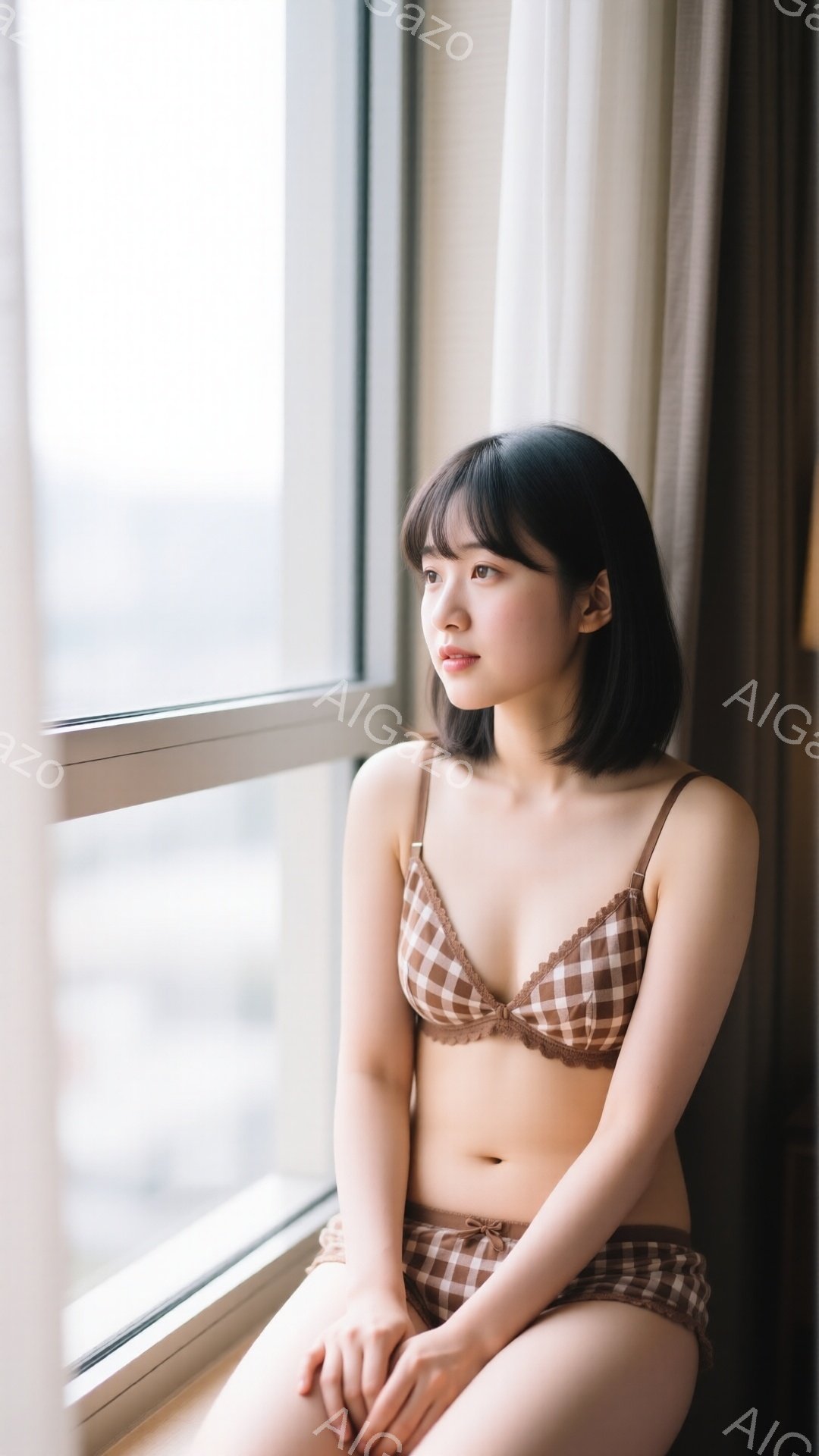 浅い茶色のチェック柄のブラとショーツを身に着けた若い女性が窓際に座っています。彼女は黒髪で前髪があり、穏やかな表情で遠くを見つめています。窓の外には高層ビル群が見え、室内は柔らかい光に包まれており、リ - AI生成フリー素材