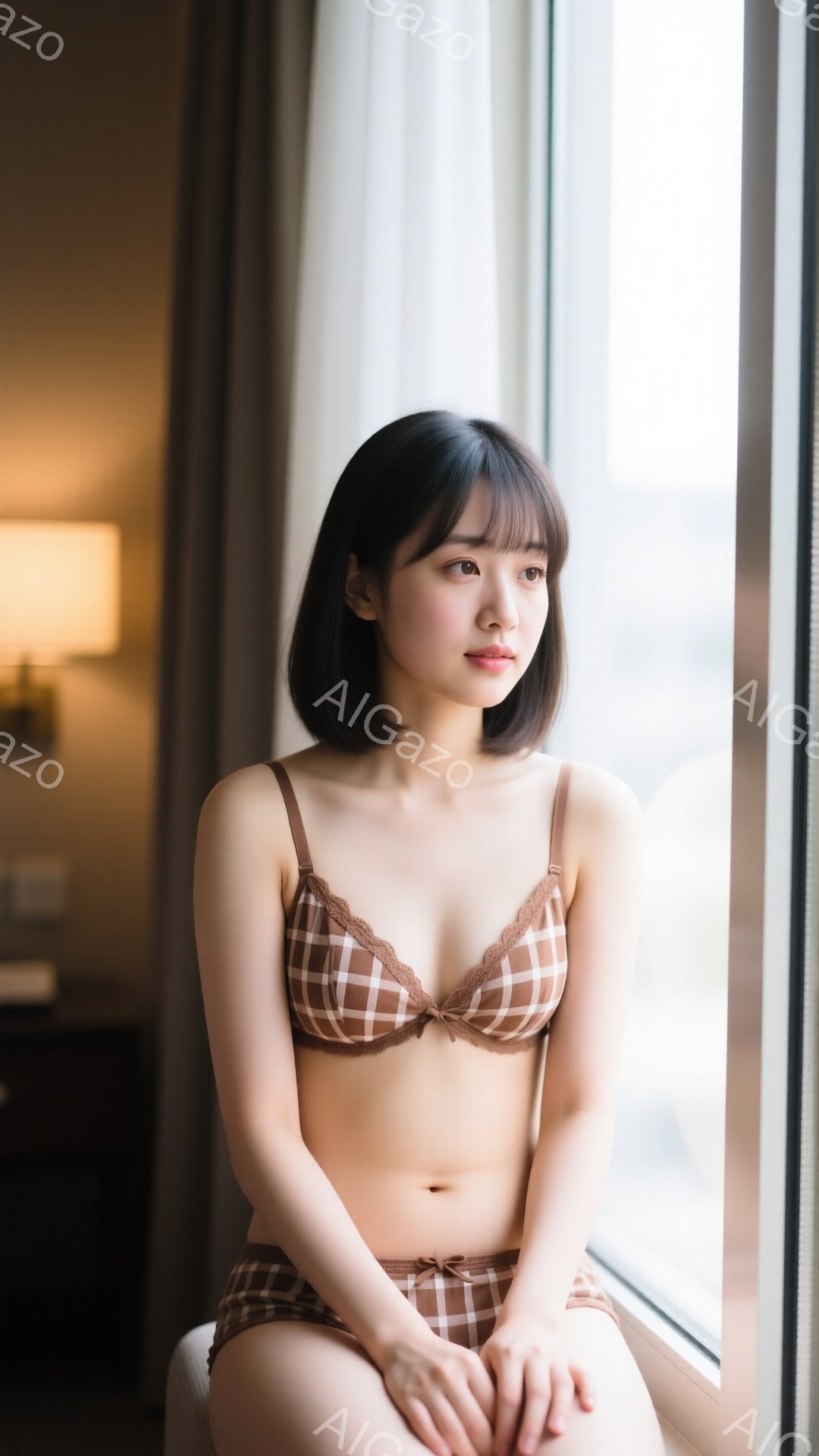 明るい窓辺に座る若い女性が写っている。彼女はチェック柄のブラとショーツを身に着け、少し微笑んでいる。背景はぼやけており、窓の外には建物が見え、全体的に柔らかく、穏やかな雰囲気が漂っている。