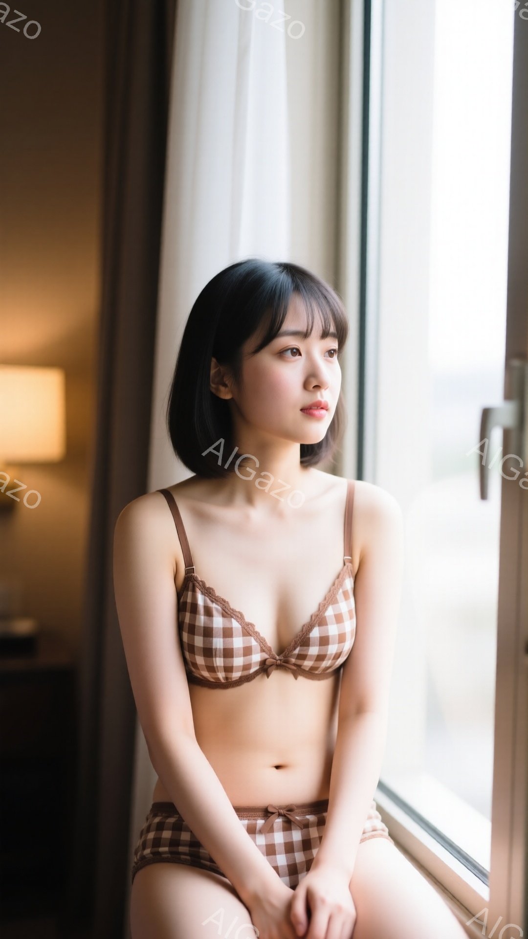 チェック柄のブラとショーツを身に着けた若い女性が、窓辺に座って外を眺めている。彼女はダークブラウンのショートヘアで、少し物憂げな表情をしている。背景にはぼやけた景色が見え、柔らかい自然光が室内を照らし - AI生成フリー素材