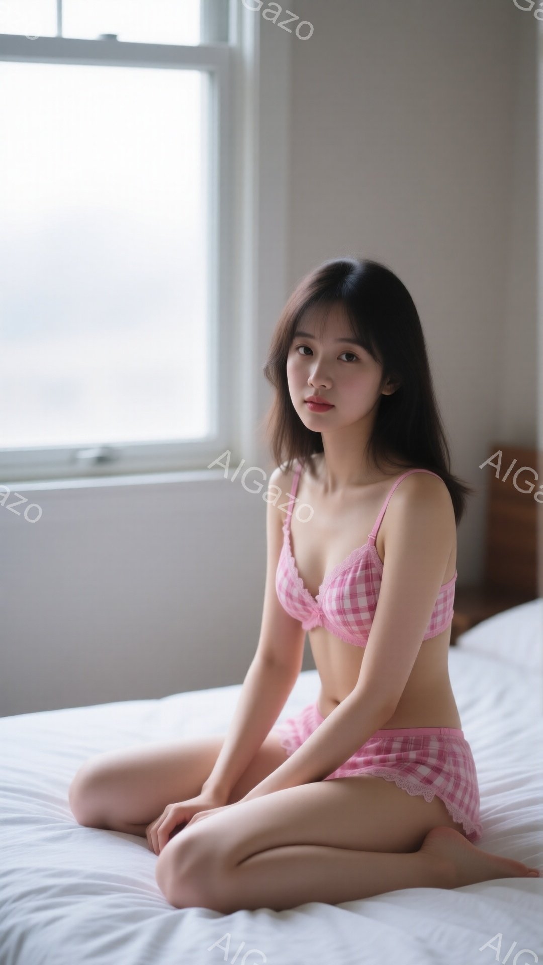 長い黒髪の女性が白いベッドの上に座っており、ピンク色のチェック柄のブラとショーツを身に着けている。彼女は膝を曲げて座り、わずかに微笑んでカメラを見つめている。背景にはぼやけた窓と壁があり、全体的に柔ら - AI生成フリー素材