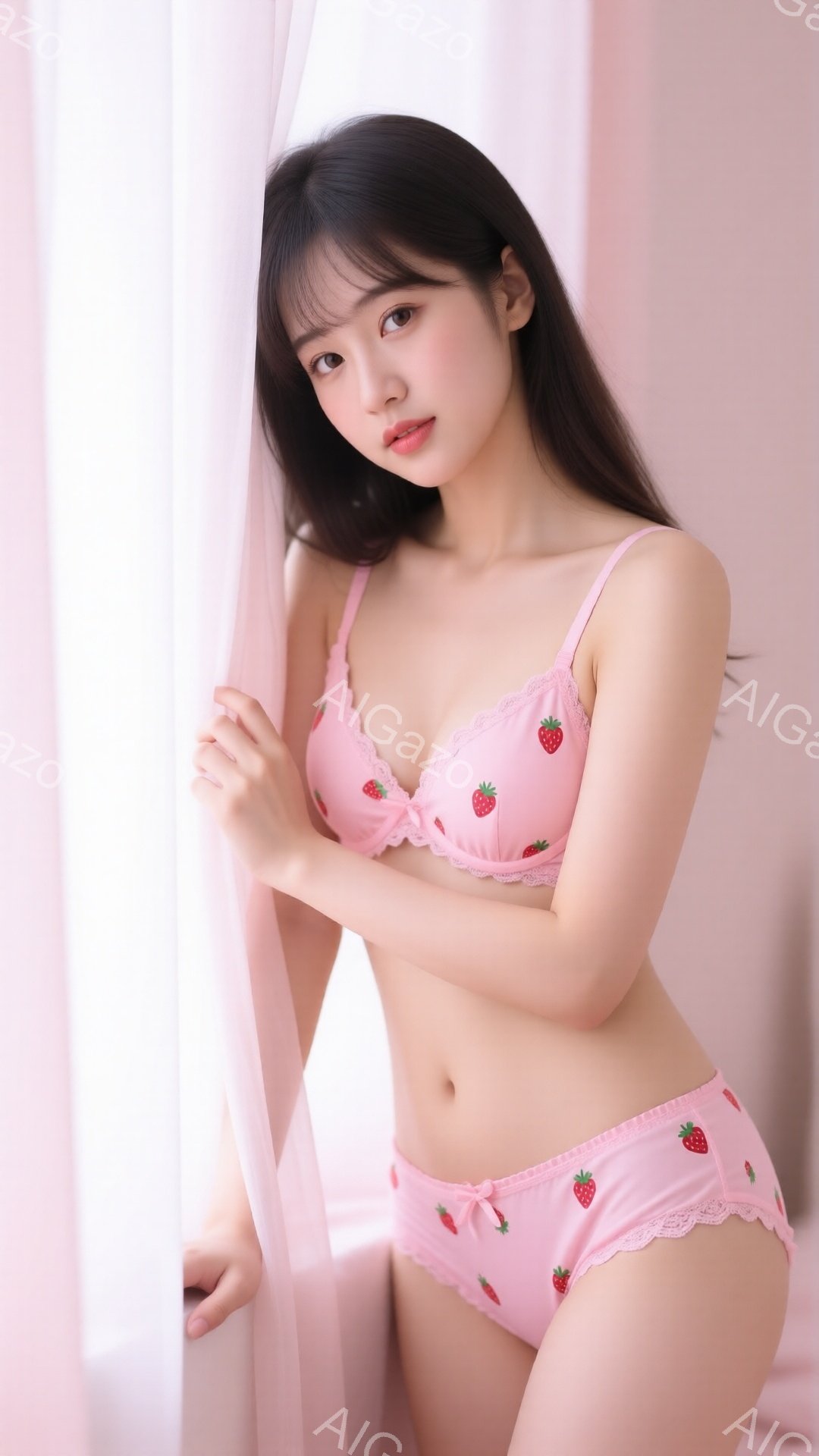 長い黒髪の女性が、イチゴ柄のピンク色のランジェリーセットを着て、柔らかいピンク色のカーテンの前に立っています。彼女は少し微笑んでおり、片手をカーテンに当ててポーズをとっています。背景は淡いピンク色で、全体的に柔らかく可愛らしい雰囲気を醸し出しています。