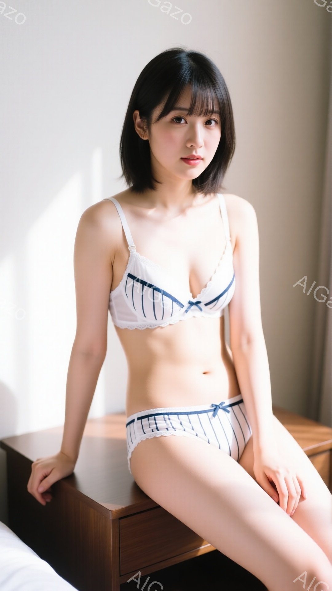 明るい茶色の木製のナイトスタンドに腰掛けている女性が写っています。白いストライプの入った青いブラとショーツを身に着け、肩までの長さの黒髪で、少し微笑んだ表情をしています。背景はぼやけていますが、白い寝 - AI生成フリー素材