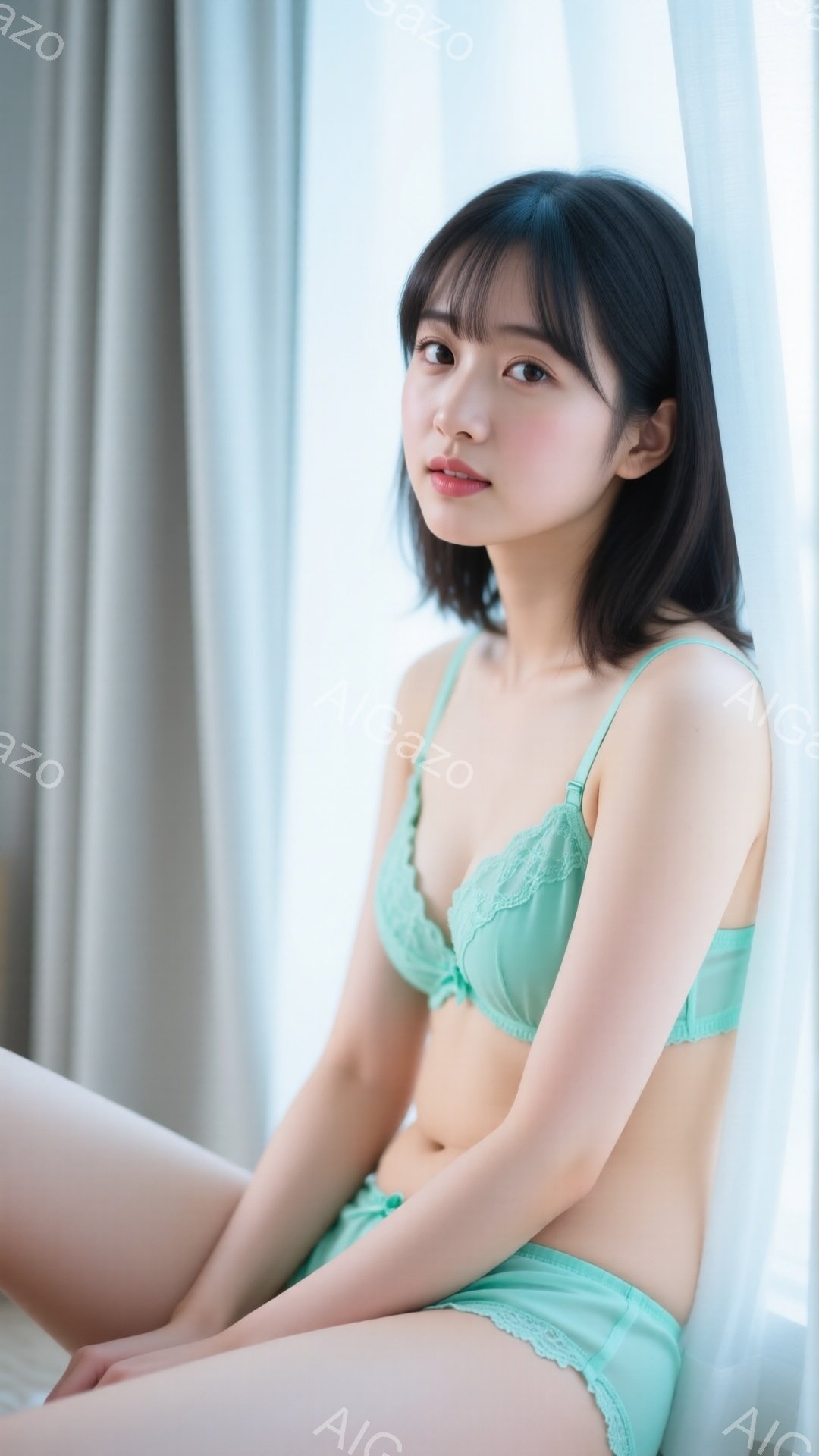 ターコイズブルーのレースのブラとショーツを身に着けた若い女性が写っています。彼女は膝を曲げ、横向きに座っており、少し微笑んだ表情でカメラを見つめています。背景はぼやけた白と薄いターコイズブルーのカーテ - AI生成フリー素材