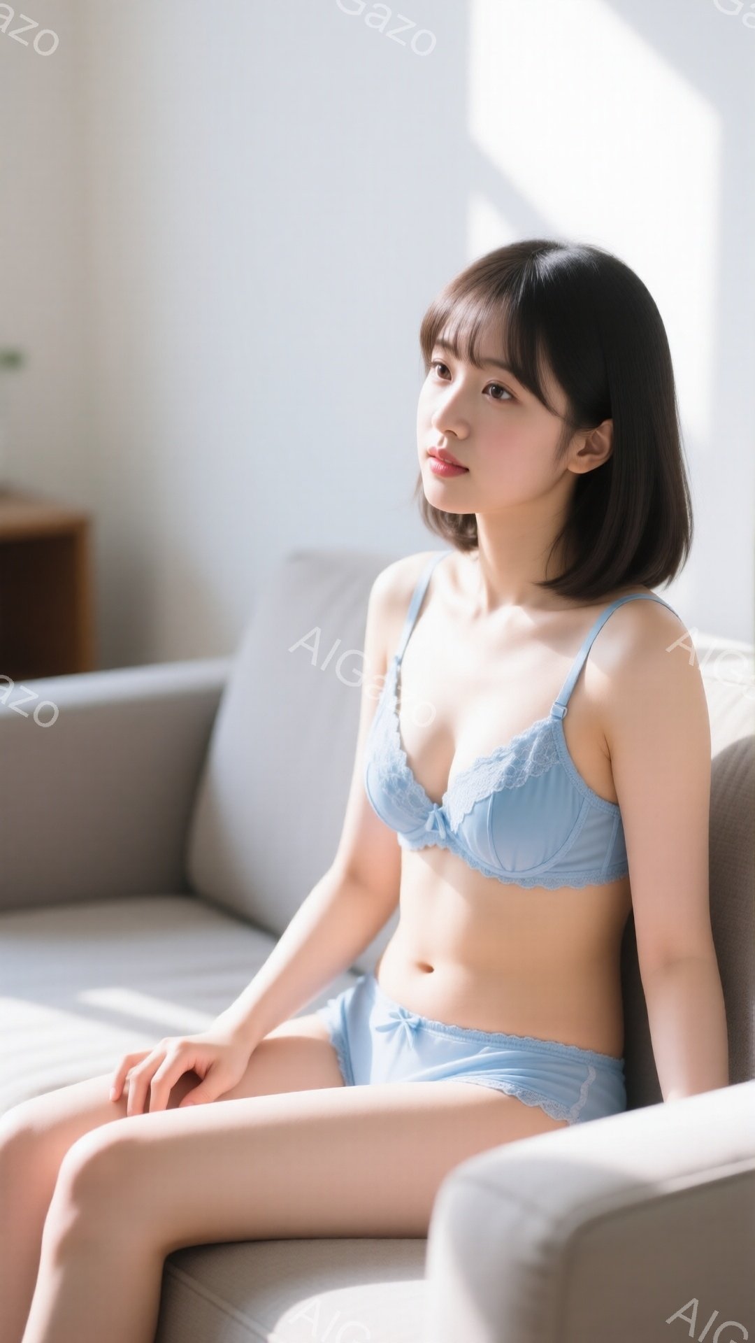 浅い青色のレースのブラジャーとショーツを着用した若い女性が、灰色のソファに座っています。彼女は黒髪のボブカットで、少し微笑んでいます。背景はシンプルなリビングルームで、柔らかい光が差し込んでおり、全体 - AI生成フリー素材
