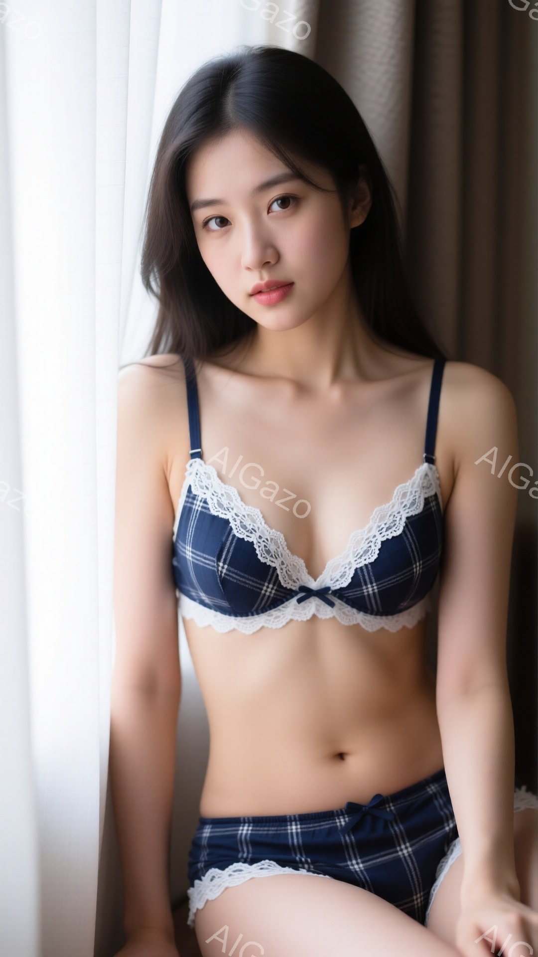 深い青色のチェック柄のブラとショーツを着用した若い女性が写っています。彼女は長い黒髪で、少し微笑んでおり、リラックスしたポーズで座っています。背景はぼやけていますが、窓とカーテンの一部が見え、柔らかく光が差し込む室内であることがわかります。