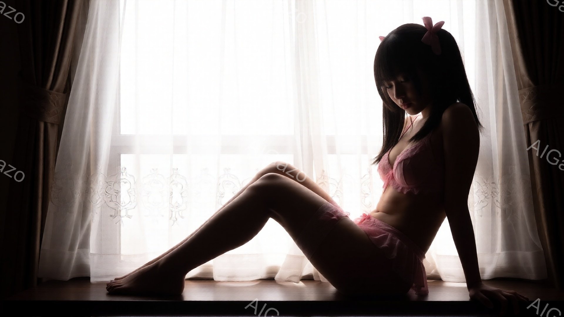 長い黒髪にリボンをつけた女性が、レースのピンク色のランジェリー姿で床に座っている。彼女は足を組み、少しうつむき加減で物憂げな表情を浮かべている。背景にはレースのカーテンがあり、柔らかく光が差し込み、全体的に儚く繊細な雰囲気を醸し出している。