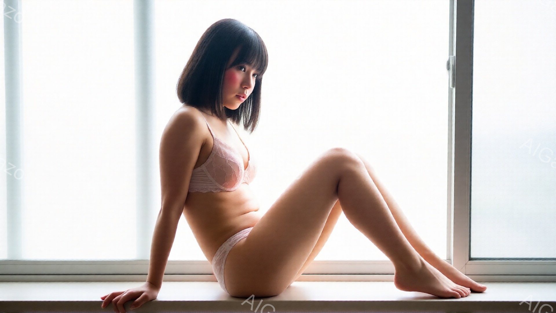 長い前髪と肩までの長さの黒髪が特徴的な女性が、窓際に座って足を組んでいます。ピンク色のレースのブラジャーとショーツのみを身に着け、素足で、リラックスした表情をしています。背景は明るい光で満たされた室内で、窓の外はぼやけていて、全体的に柔らかく穏やかな雰囲気です。