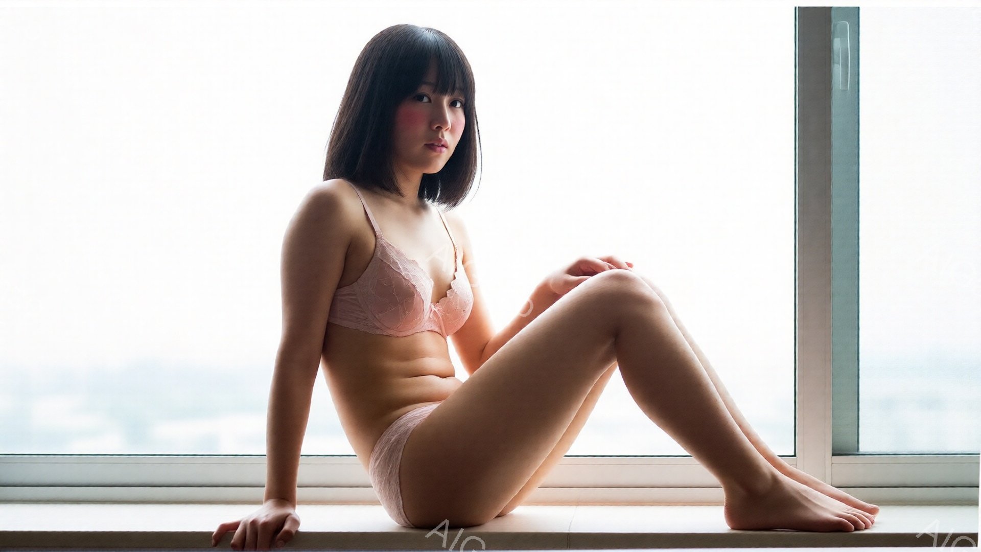 長い前髪が印象的な女性が、窓辺に座り、ピンク色の下着姿でこちらを見ている。彼女は足を組んでリラックスした姿勢であり、背景にはぼやけた都市の風景が広がり、光が差し込んでいる。全体的に柔らかく、少し物憂げ - AI生成フリー素材