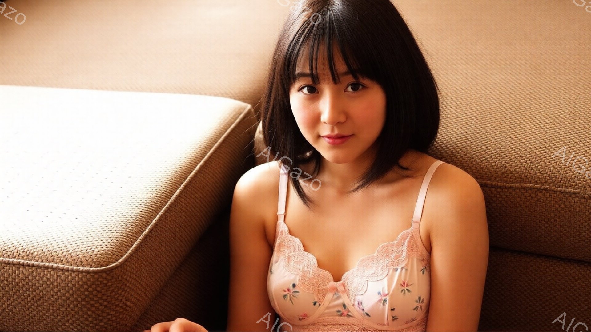 黒髪の女性が、淡いピンク色の花柄キャミソールを着て、ソファに座っています。彼女は少し微笑んでおり、顔には穏やかな表情が浮かんでいます。背景はベージュ色のソファで、全体的に柔らかく、リラックスした雰囲気が漂っています。