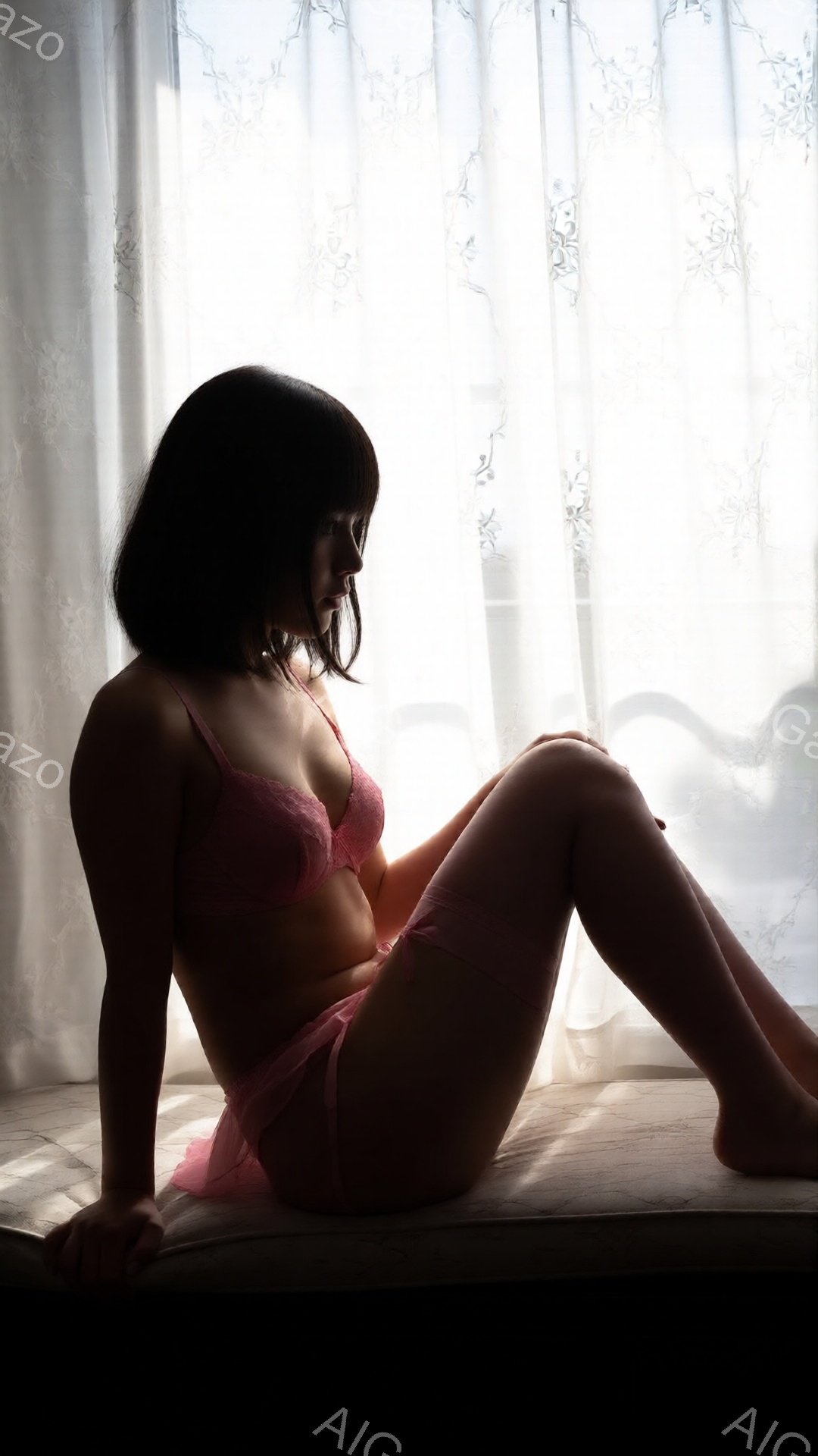 長い黒髪の女性が、レースのピンクのブラとショーツ姿で、白い窓枠の上に座っています。彼女は横向きに座り、膝を曲げて片方の足を伸ばし、憂いを帯びた表情で遠くを見つめています。背景はぼやけた白いカーテンで、柔らかく幻想的な雰囲気を醸し出しています。