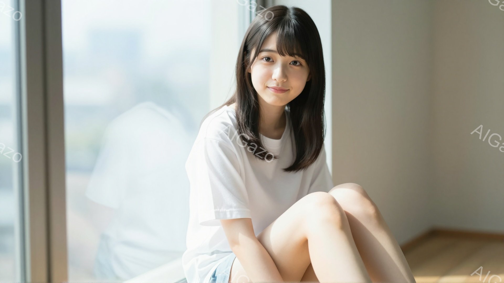若い女性が窓際に座り、膝を曲げてリラックスした姿勢をとっています。白いTシャツと水色のショートパンツを着ており、黒髪を肩にかかる長さで整髪しています。穏やかな笑顔を浮かべ、背景にはぼやけた都市の風景が - AI生成フリー素材