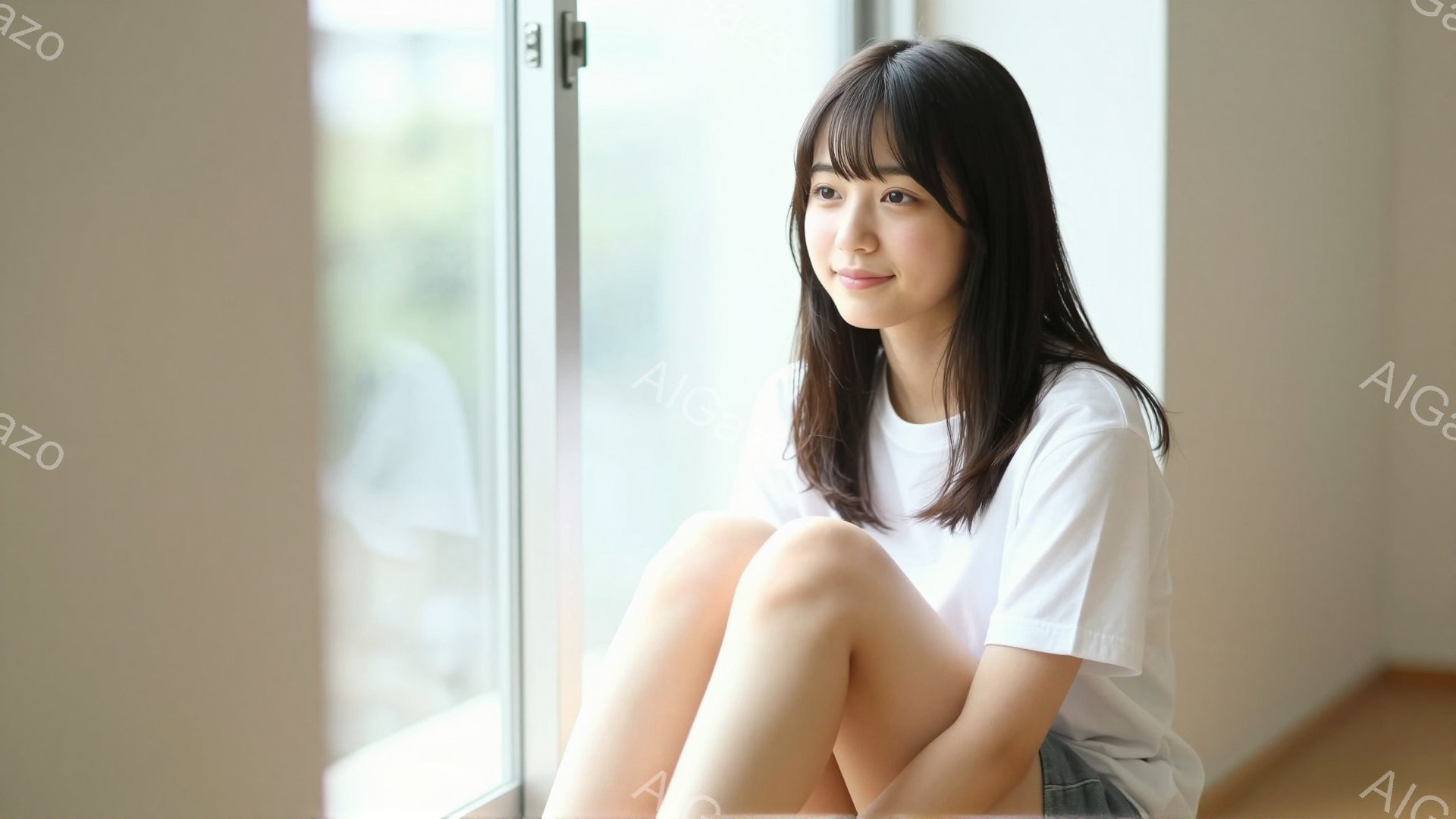 若い女性が窓際に座り、膝を曲げています。白いTシャツと短いスカートを着用し、黒髪のロングヘアをしています。彼女は穏やかな表情で、何かを考え込んでいるような、あるいは遠くを見つめているような雰囲気です。