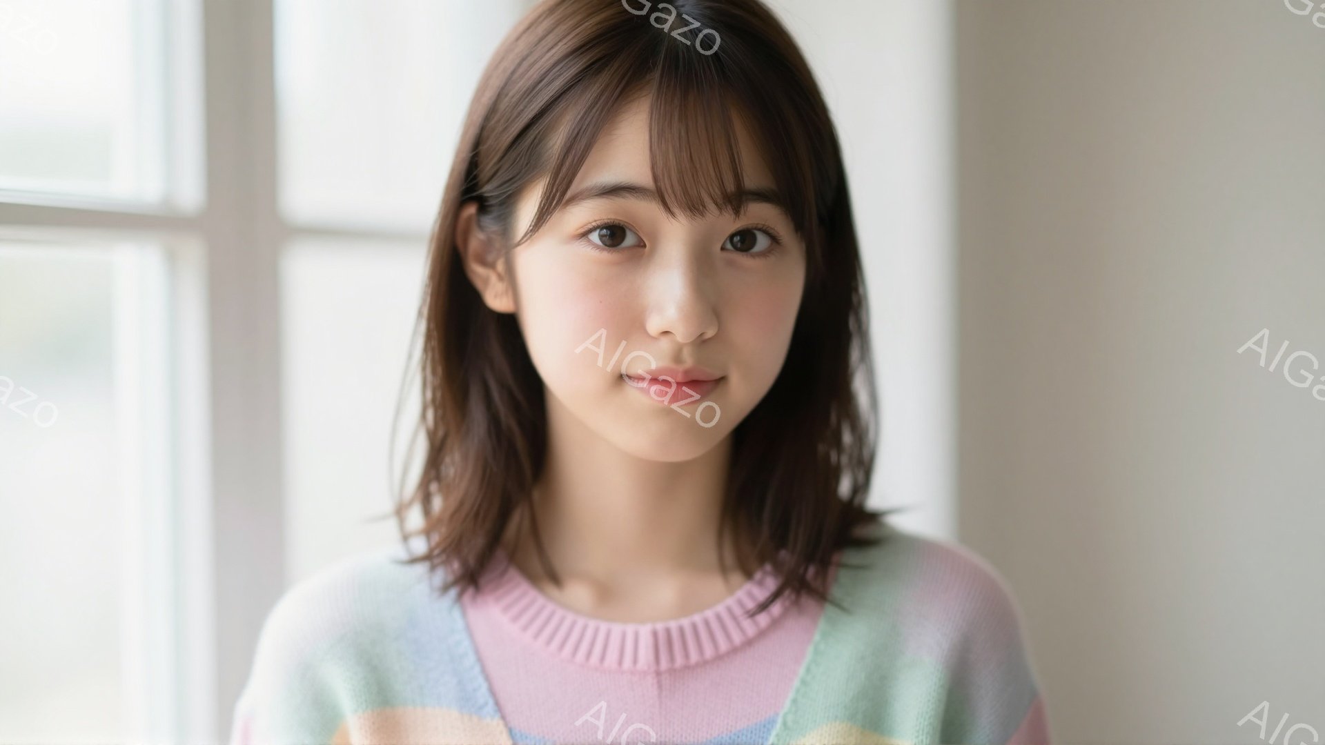 若い女性が正面を向いて写っています。彼女は淡いピンク、緑、黄色が混ざったセーターを着ており、肩までの長さの茶色の髪は軽やかなウェーブがかかっています。彼女の表情は穏やかで、わずかに微笑んでおり、背景は - AI生成フリー素材