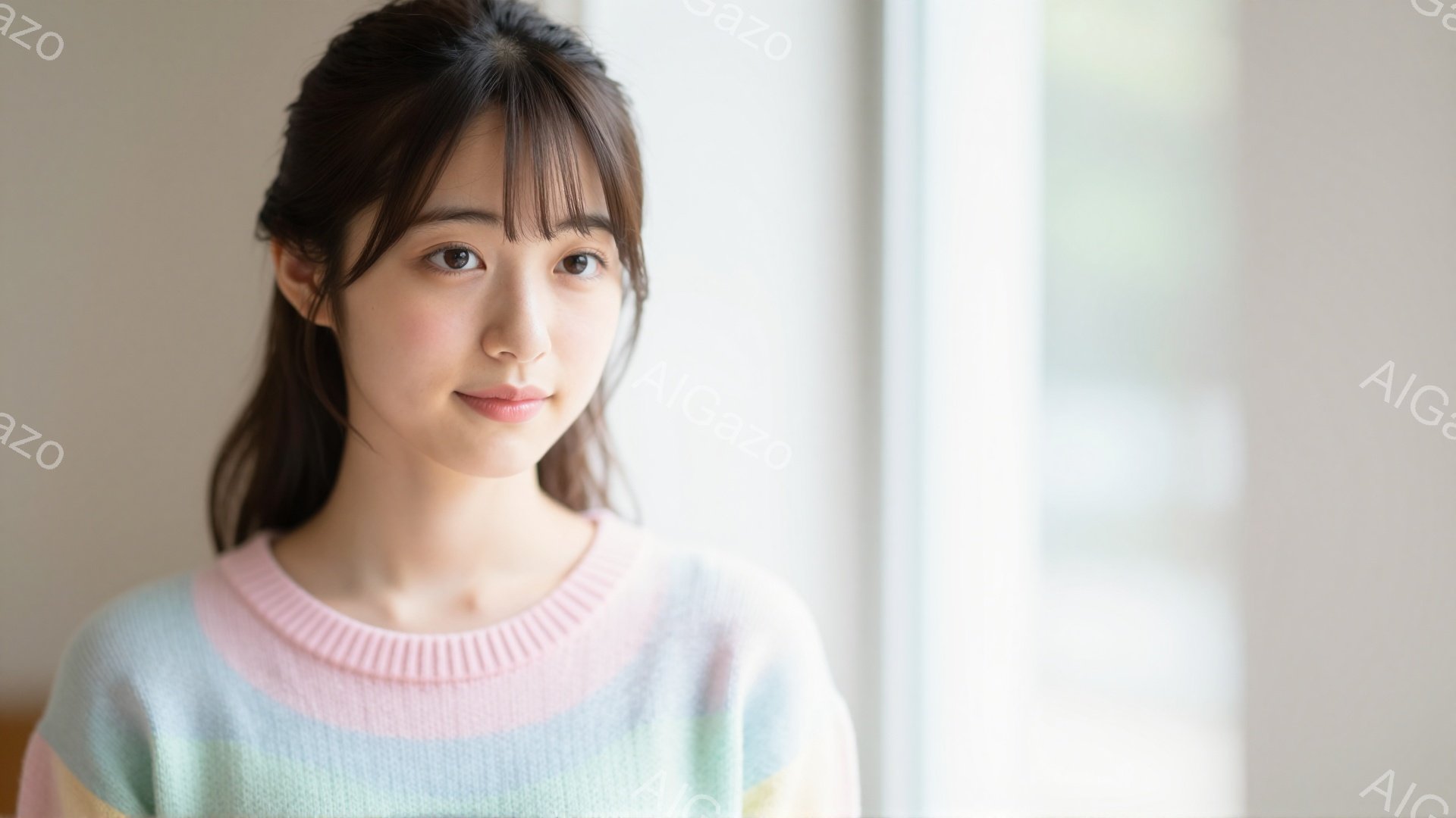 若い女性が、パステルカラーのセーターを着て、穏やかな表情で正面を見ている。彼女は髪を軽くカールさせて肩に垂らし、自然な笑顔を見せている。背景は白く光り輝いており、窓からの自然光が彼女を照らし出している - AI生成フリー素材