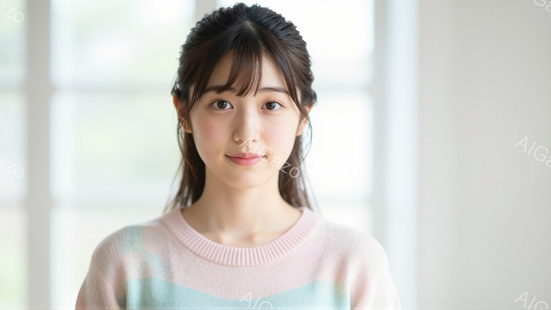 若い女性が正面を向いて写っている。彼女はピンクと水色のストライプが入ったセーターを着ており、前髪を少し分けて自然なヘアスタイルにしている。表情は穏やかで微笑んでおり、背景はぼやけているが、明るい室内で - AI生成フリー素材
