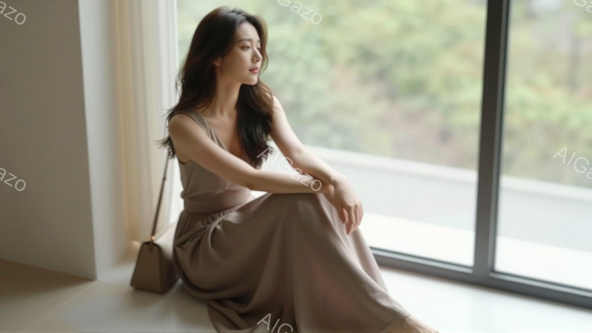 長いベージュのワンピースを着た女性が、窓辺の床に座っている。彼女は髪を後ろに流し、少し憂いを帯びた表情で遠くを見つめている。背景には大きな窓と、ぼんやりとした街並みが見え、全体的に穏やかで物憂げな雰囲 - AI生成フリー素材