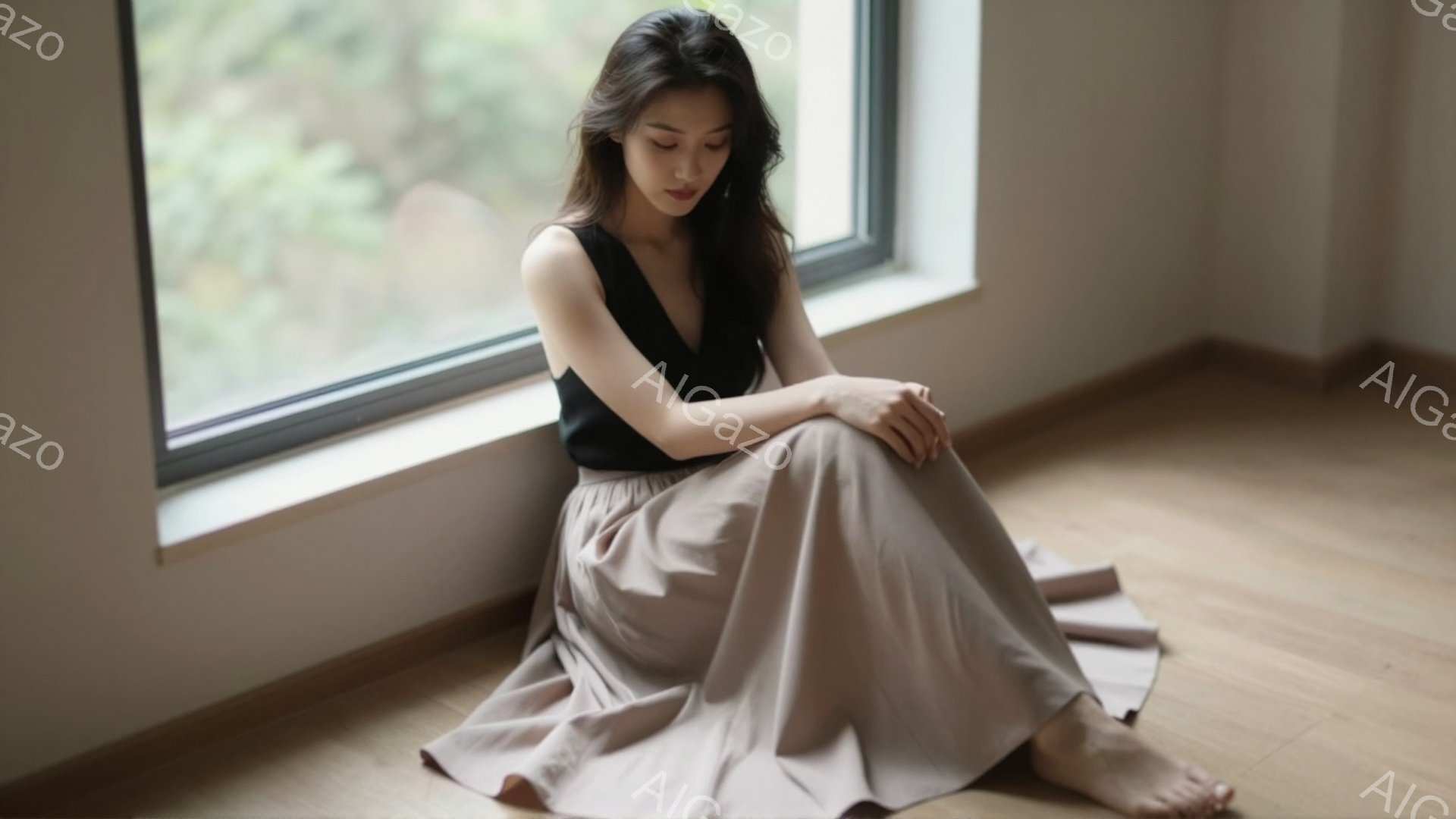 長い黒髪を肩から垂らし、ベージュ色のゆったりとしたスカートと黒のキャミソールを着た女性が床に座っている。彼女は膝を抱え、少し憂いを帯びた表情で窓の外を見つめている。背景は窓からの自然光が差し込むシンプ - AI生成フリー素材