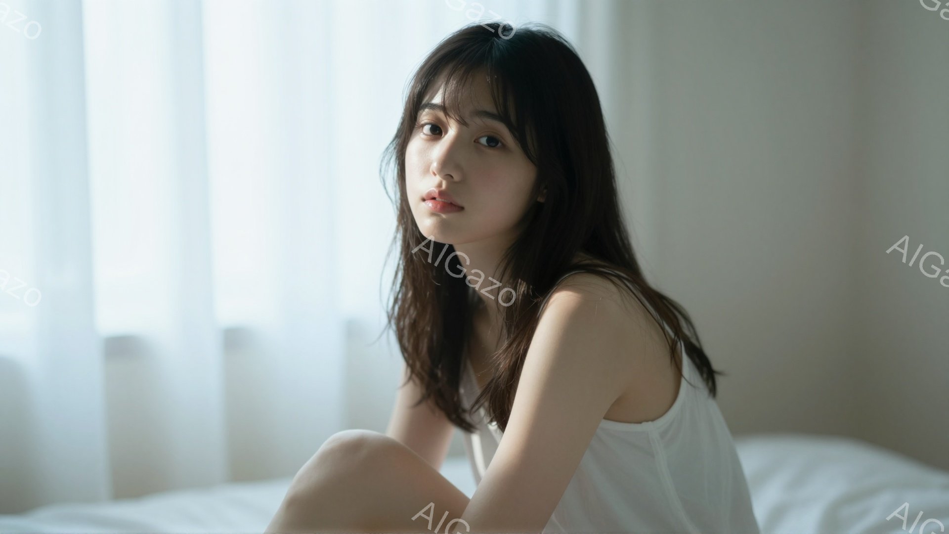 長い黒髪の女性が白いタンクトップを着て、白いベッドに膝を抱えて座っています。彼女は少し憂いを帯びた表情で、カメラの方を穏やかに見つめています。背景はぼやけていますが、窓から差し込む光が柔らかい雰囲気を - AI生成フリー素材