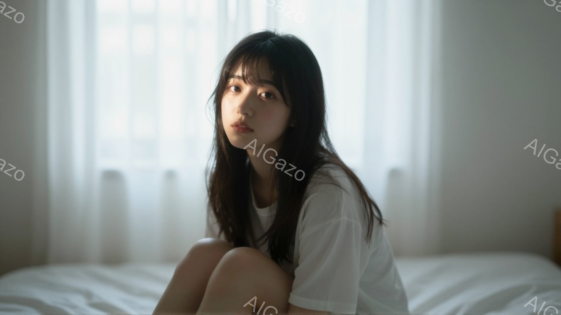長い黒髪の女性が白いTシャツを着て、白いベッドに膝を抱えて座っている。彼女は少し物憂げな表情で、穏やかな光が差し込む部屋を見つめている。背景はぼやけており、柔らかく暖かい雰囲気が漂っている。 - AI生成フリー素材
