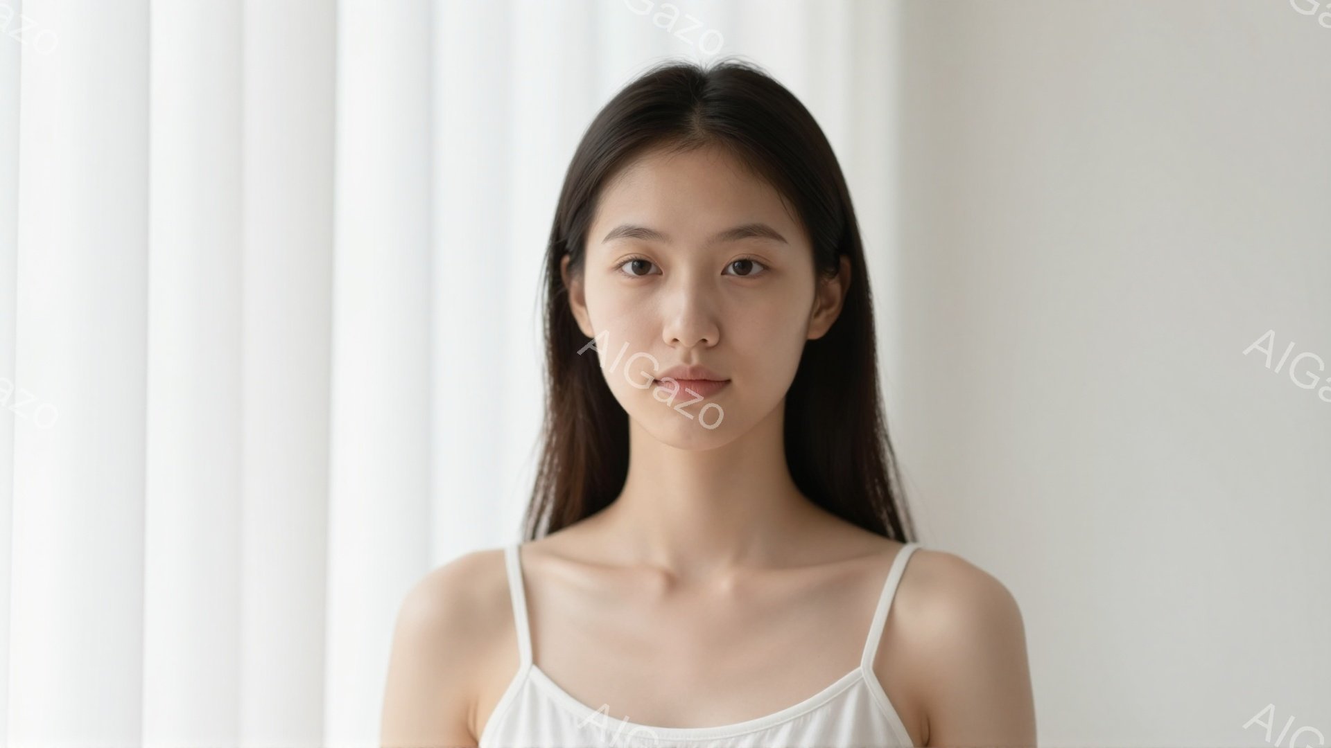 長い黒髪をストレートに垂らした若い女性が正面を向いています。白いキャミソールを着ており、表情は穏やかで落ち着いています。背景は白いカーテンで、全体的に柔らかく、ミニマルな雰囲気です。 - AI生成フリー素材