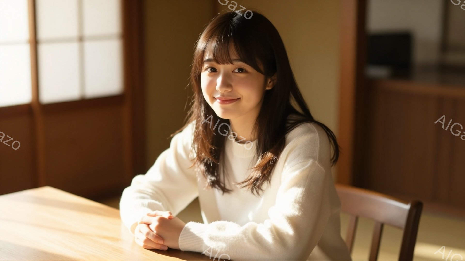長い茶色の髪を肩まで伸ばした女性が、白いセーターを着て微笑んでいます。彼女はテーブルに座り、両手を重ねて穏やかな表情を浮かべています。背景には木製の家具と柔らかな光が差し込む窓があり、温かくリラックス - AI生成フリー素材