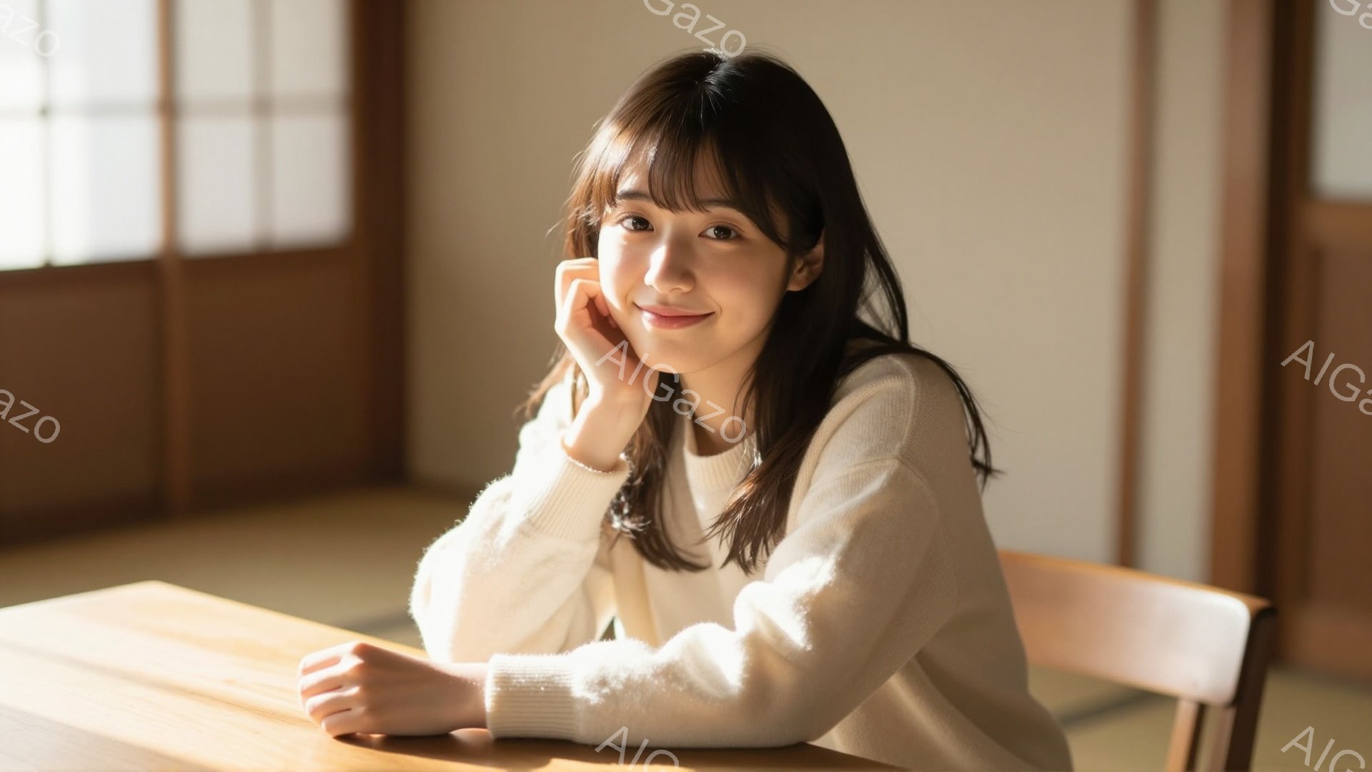 明るい色のセーターを着た若い女性が、木のテーブルに座って頬杖をついています。彼女は微笑んでおり、黒髪の髪は肩にかかる長さで、前髪が少しあります。背景は畳の部屋で、障子窓から柔らかい光が差し込んでおり、 - AI生成フリー素材