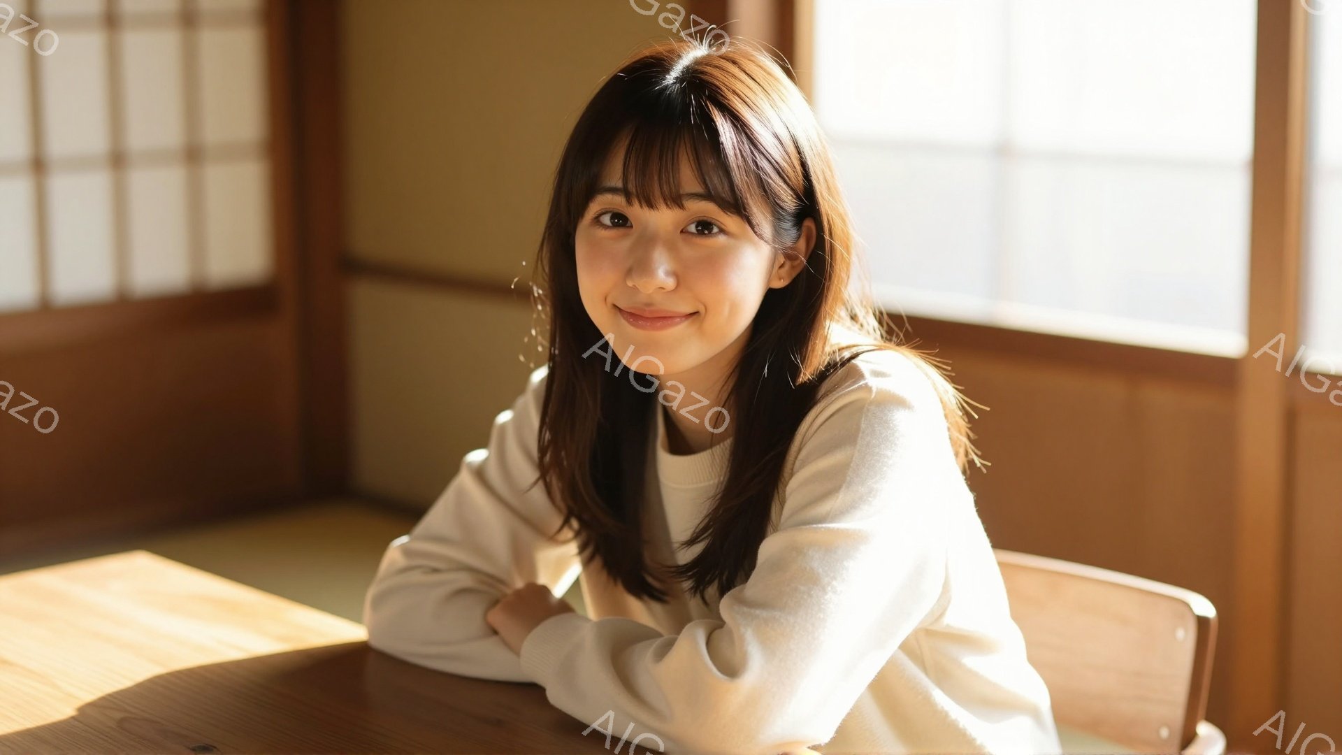 明るい光の中で、若い女性が木の椅子に座り、穏やかな微笑みを浮かべている。彼女はオフホワイトのセーターを着ており、長い茶色の髪は肩にかかっている。背景には畳と障子が見え、暖かく落ち着いた雰囲気の部屋であ - AI生成フリー素材