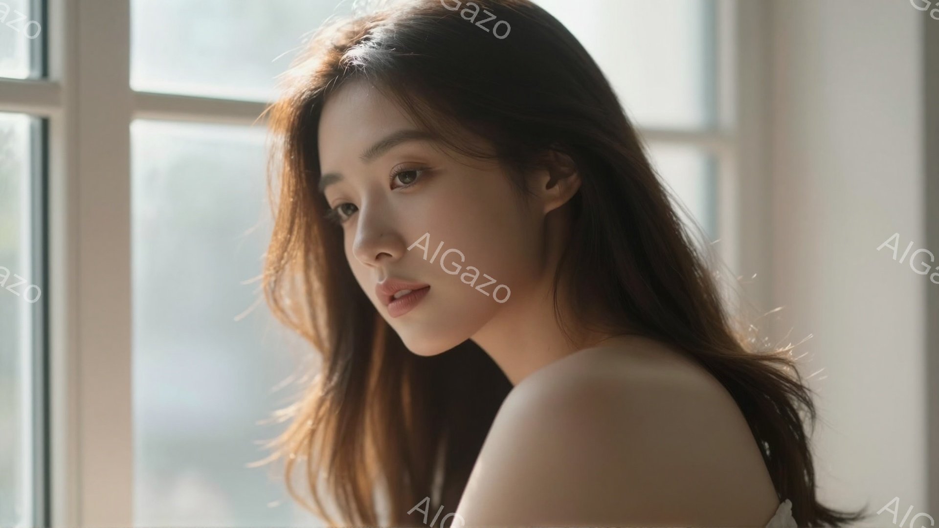 長い茶色の髪を持つ若い女性が、窓辺で横を向いて立っている。彼女はオフショルダーの白いトップスを着ており、リラックスした表情で遠くを見つめている。背景にはぼやけた都市の風景が見え、柔らかい自然光が彼女を照らしている。