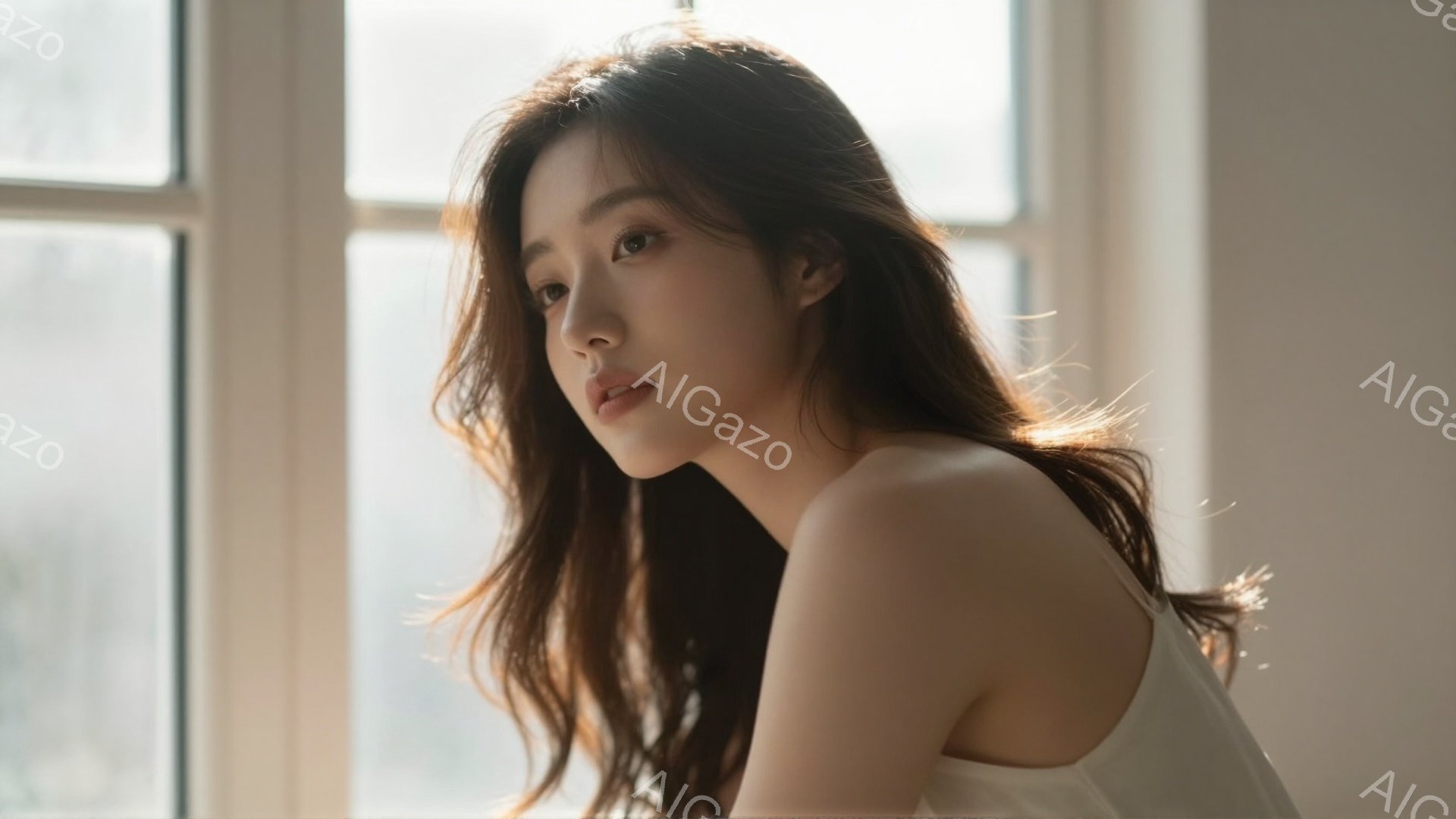 長い黒髪の女性が、白いタンクトップを着て、窓辺に立っている。彼女は少し横を向き、憂いを帯びた表情で遠くを見つめている。背景はぼやけており、柔らかな光が彼女を照らし、穏やかで物憂げな雰囲気を醸し出している。