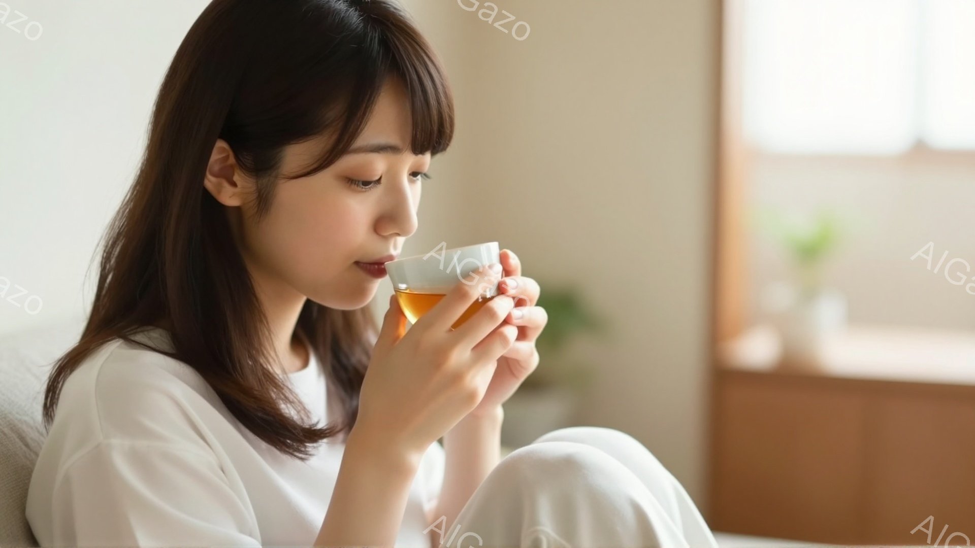白いセーターを着た若い女性が、白い背景のソファに座って温かい飲み物を飲んでいます。彼女は長い黒髪で、リラックスした表情をしており、穏やかな雰囲気を醸し出しています。背景には木製の家具が見え、全体的に暖かく落ち着いた室内空間が表現されています。