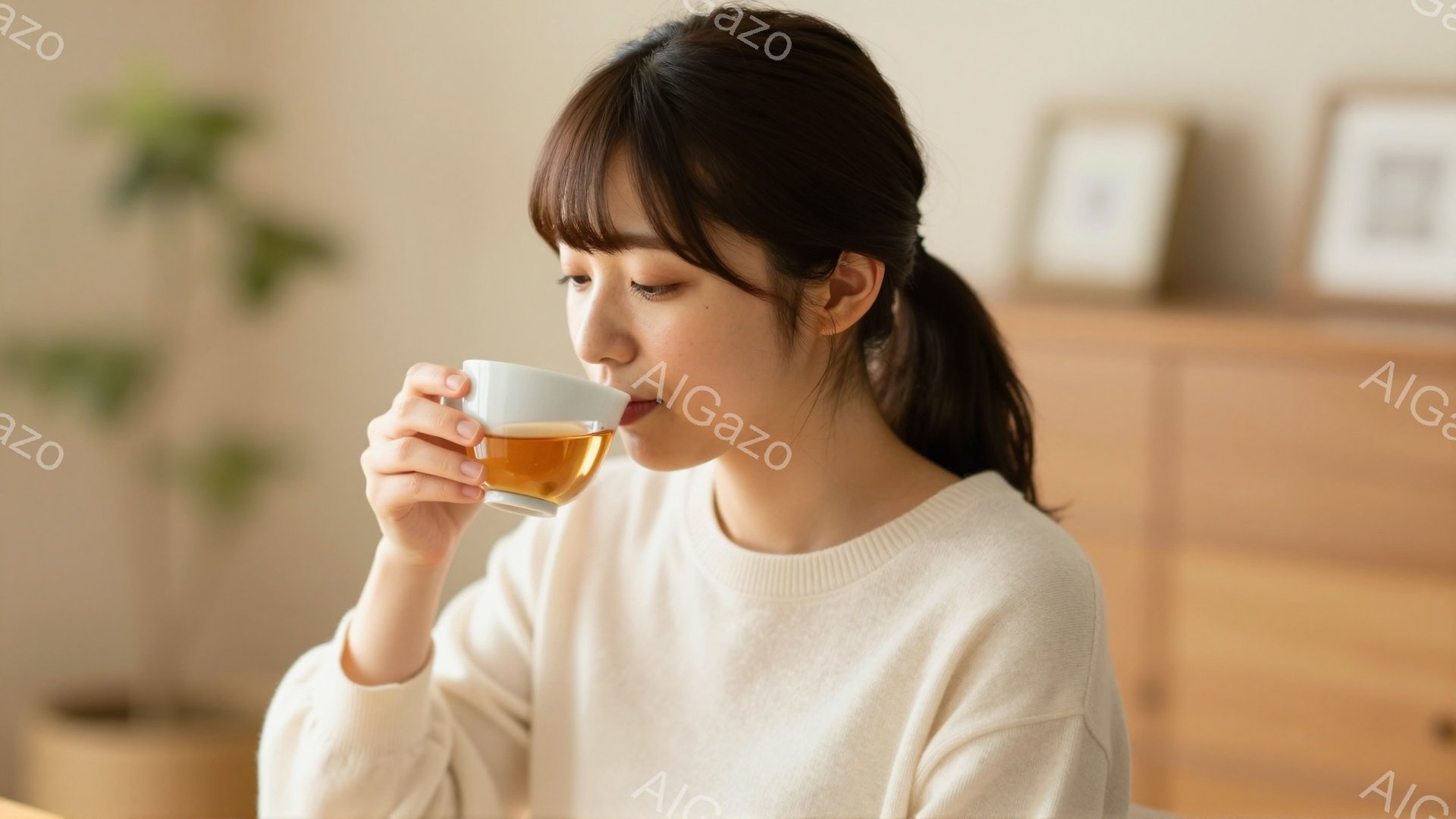 浅いベージュ色のセーターを着た若い女性が、白いカップから飲み物を飲んでいます。彼女は髪を後ろで一つにまとめ、穏やかでリラックスした表情をしています。背景には木製のチェストと緑の植物が見え、全体的に温かく落ち着いた雰囲気です。