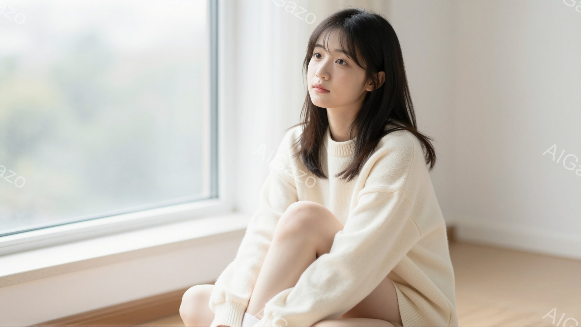 長い黒髪の女性が窓辺に座り、膝を抱えています。オフホワイトのゆったりとしたセーターを着ており、表情は穏やかでどこか物憂げです。背景はぼやけていますが、窓の外には建物が見え、全体的に柔らかく、静寂な雰囲 - AI生成フリー素材