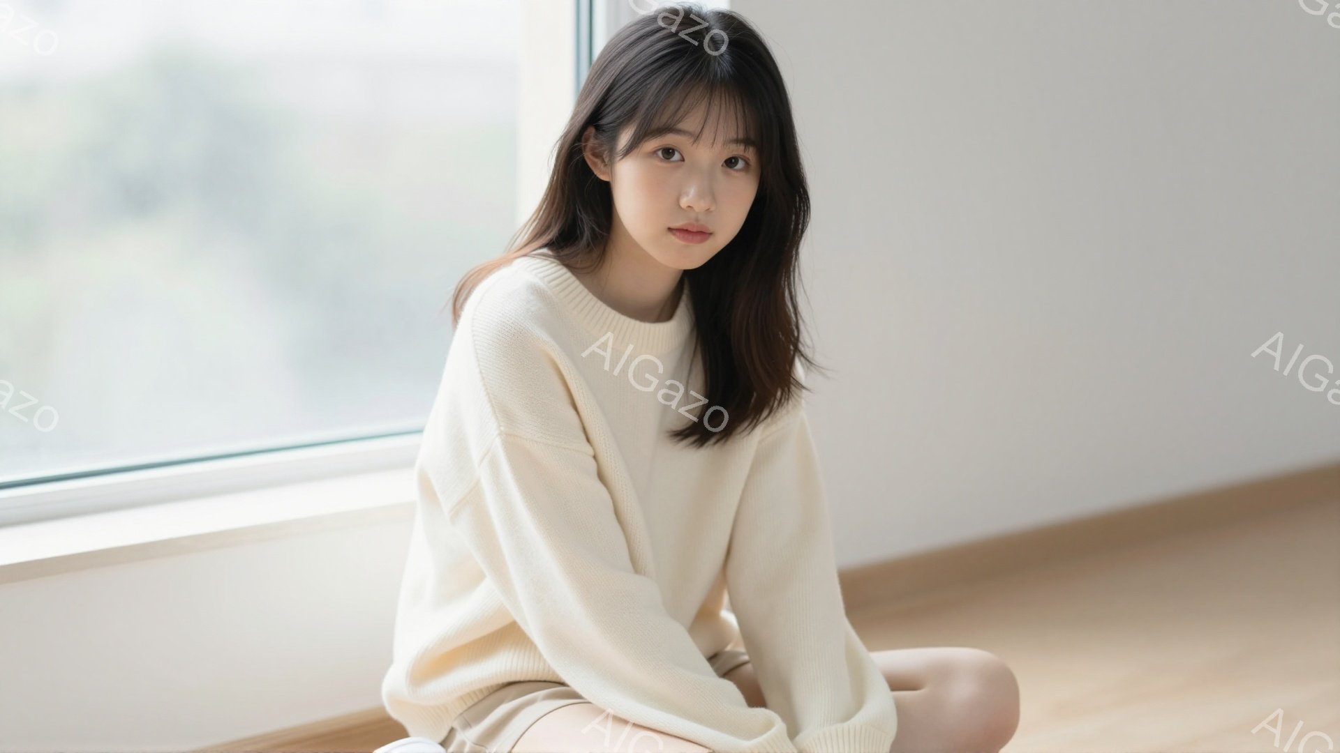 長い黒髪で、前髪が目にかかるようにカットされた若い女性が、クリーム色のセーターとズボンを身に着けて床に座っています。彼女は穏やかな表情で、カメラの方をまっすぐ見ています。背景は明るい窓と白い壁で、全体 - AI生成フリー素材