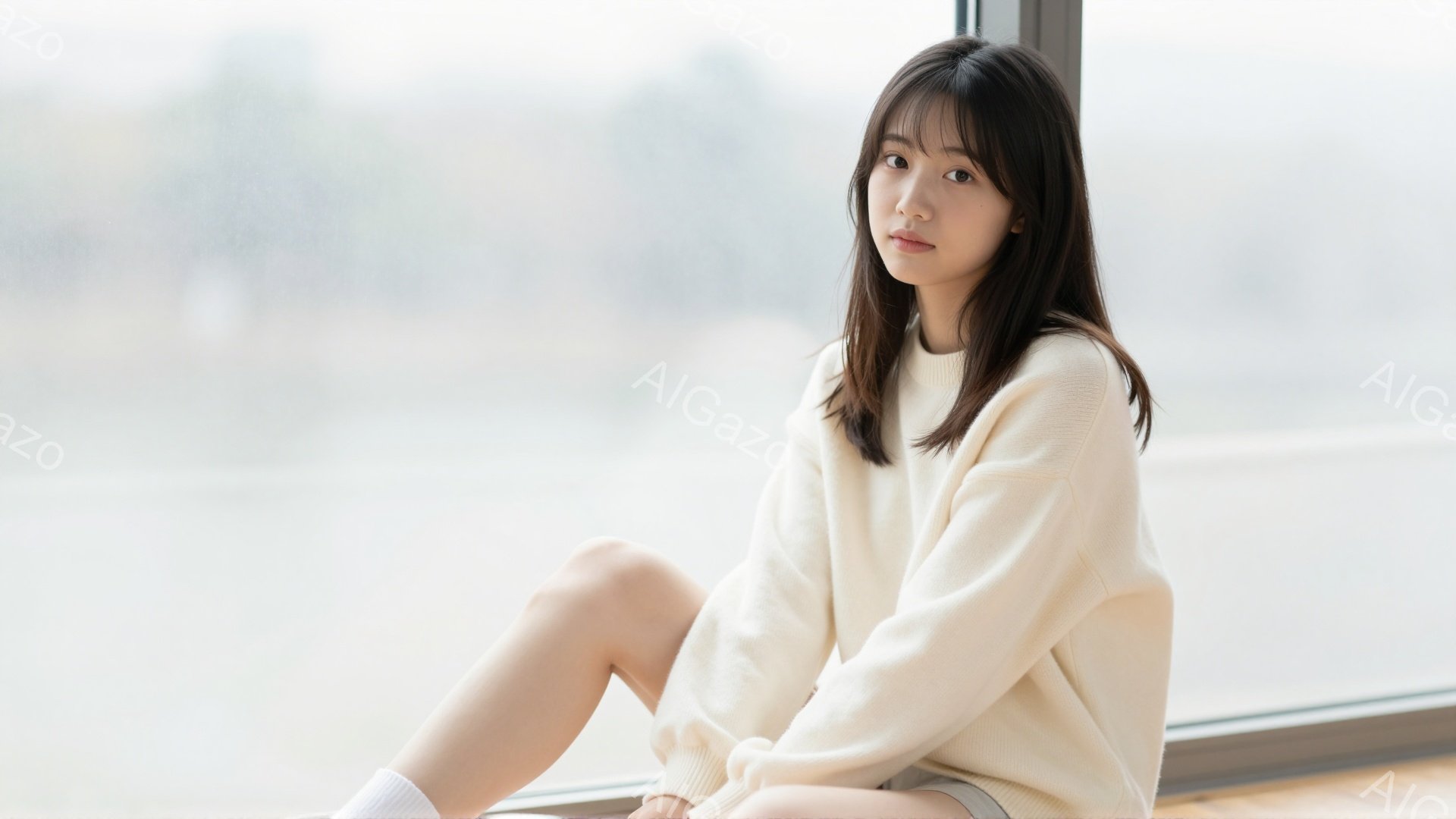 長い黒髪の女性が窓際に座っており、オフホワイトのゆったりとしたセーターと白いソックスを履いています。彼女は膝を曲げて座り、穏やかで少し物憂げな表情をしています。背景はぼやけており、おそらく窓の外には曇 - AI生成フリー素材