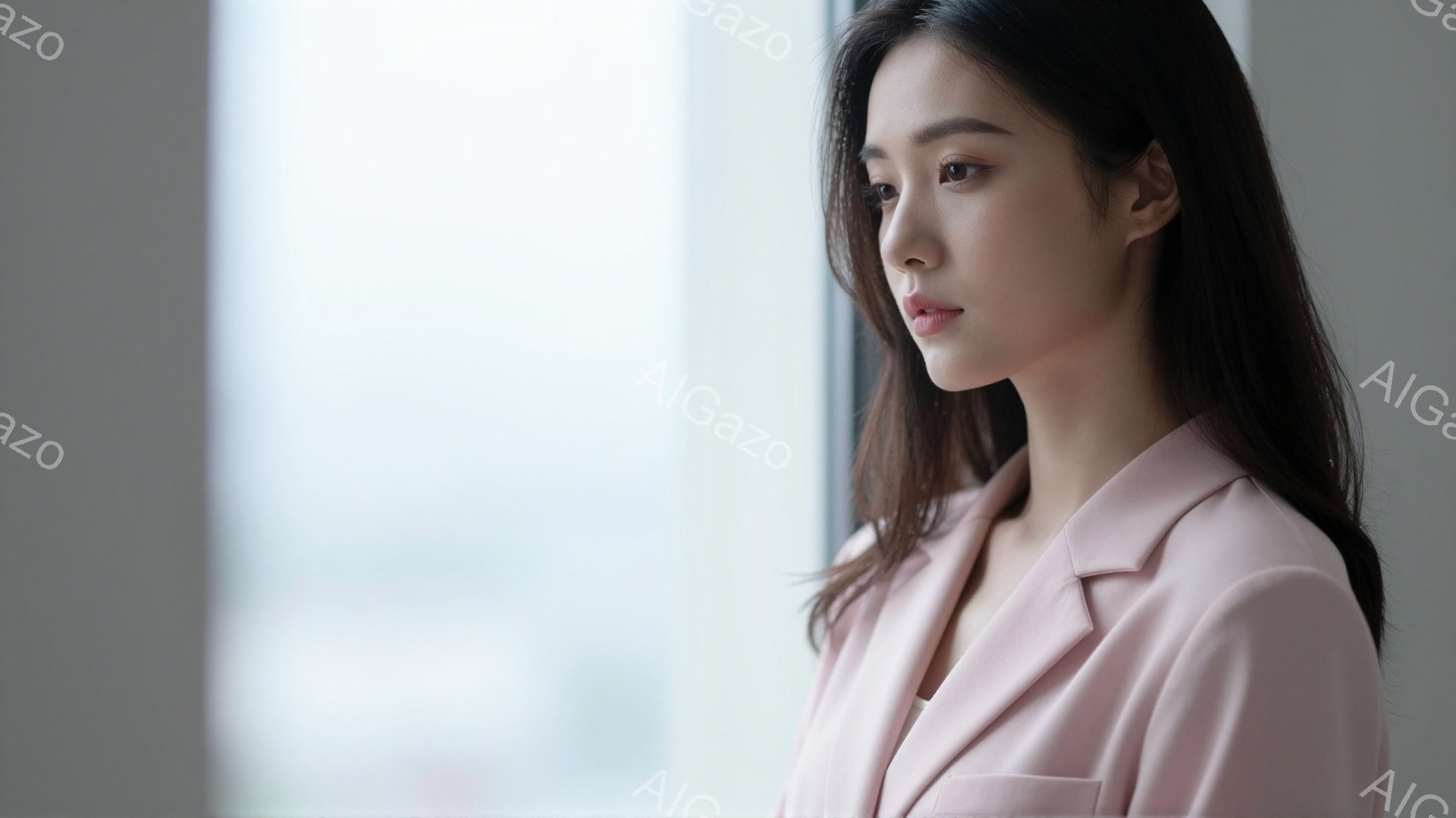 長い黒髪を肩にかける女性が、窓の外を見つめている。淡いピンク色のジャケットを着用し、落ち着いた表情で横顔を見せている。背景は白く、窓から差し込む光が彼女を照らし、静かで洗練された雰囲気を醸し出している。